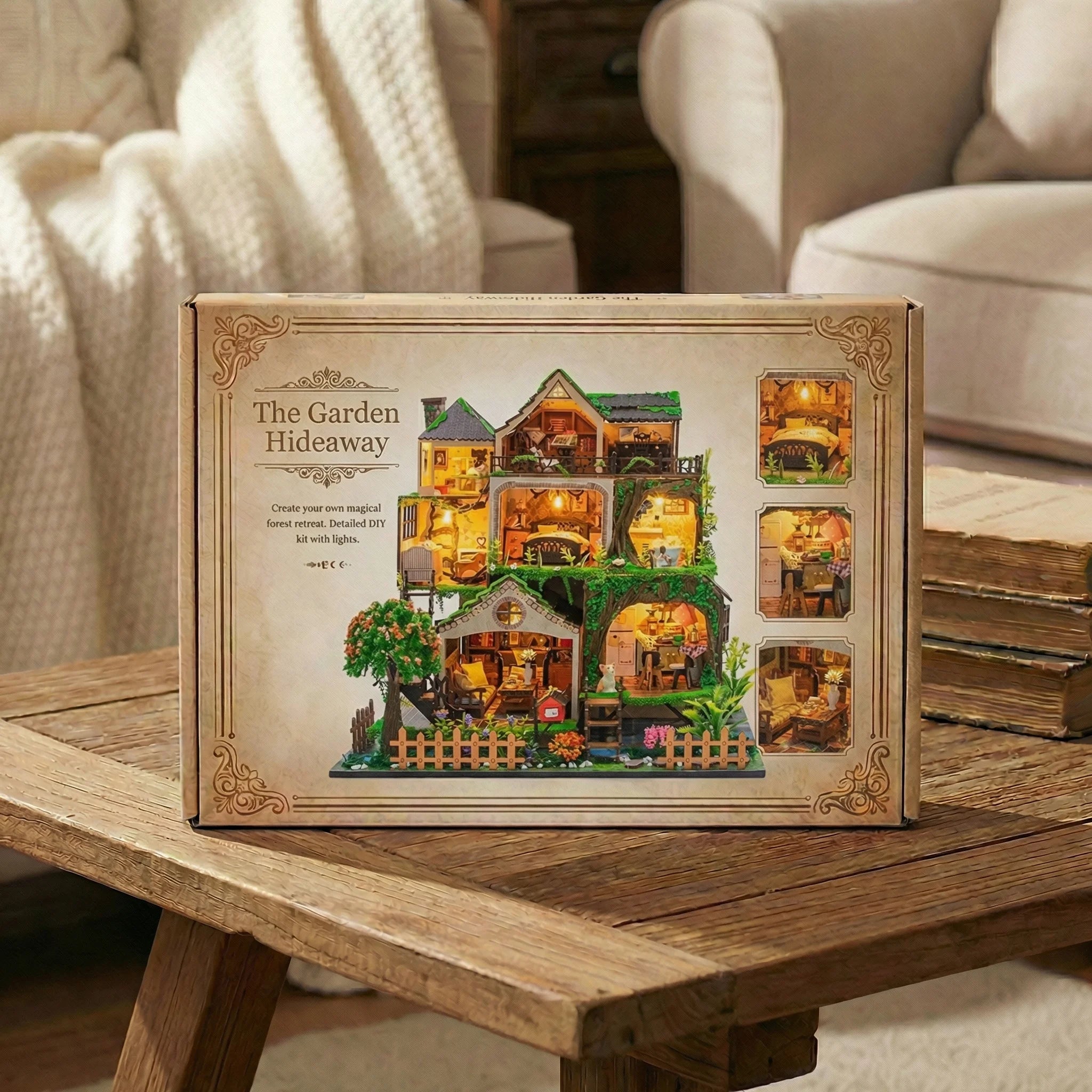 The Garden Hideaway DIY miniature kit box displayed on rustic wooden table in cozy living room setting