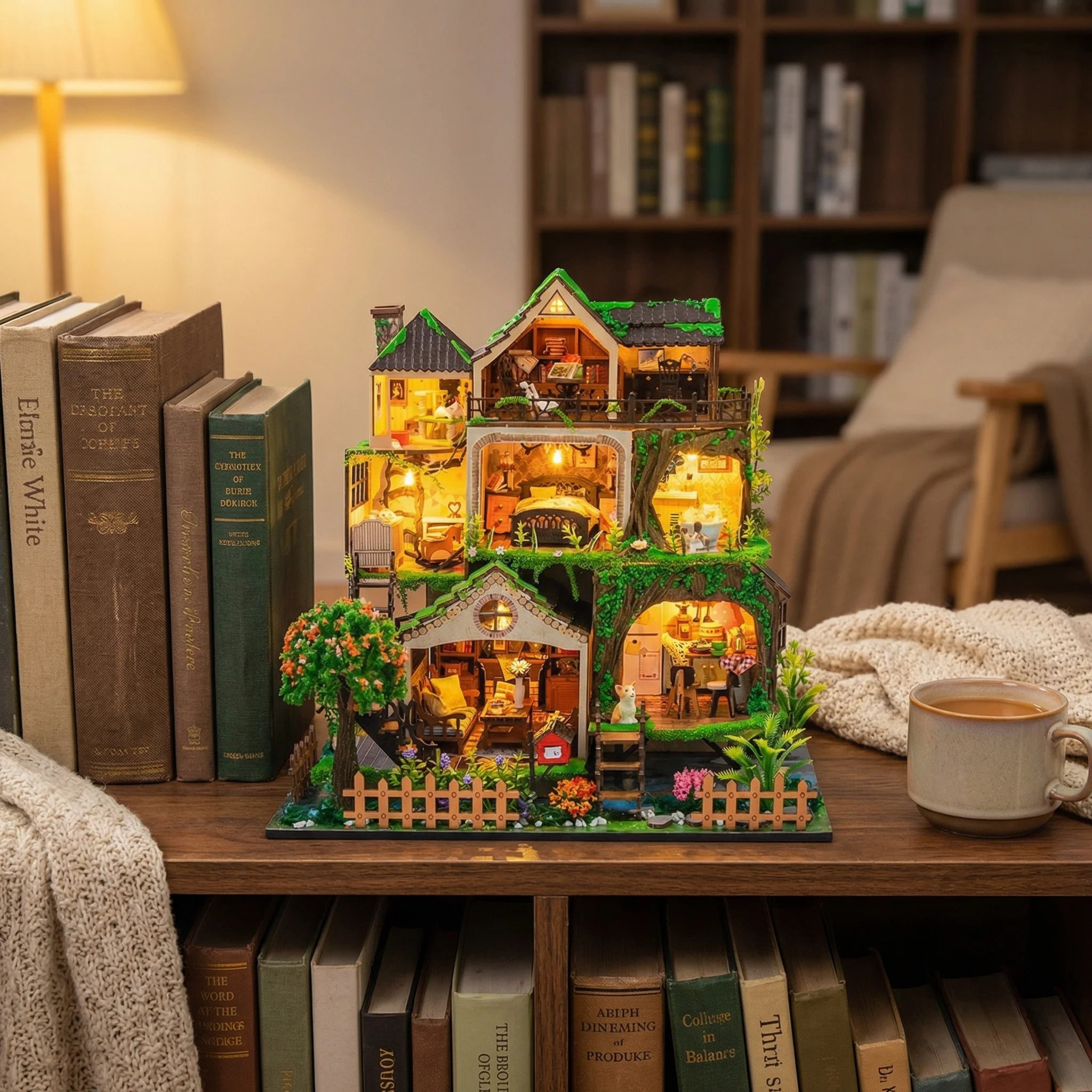 The Garden Hideaway miniature dollhouse kit displayed on wooden shelf with books, lamp, and coffee mug in cozy living room