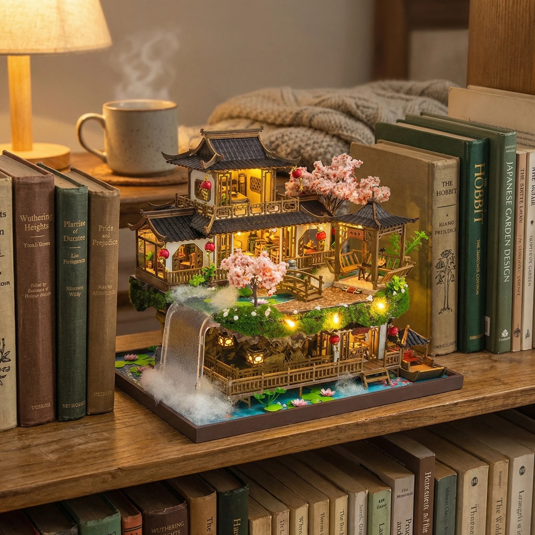 The Lotus Pavilion miniature kit displayed on bookshelf with warm lighting, showing three-tier pagoda with cherry blossoms...