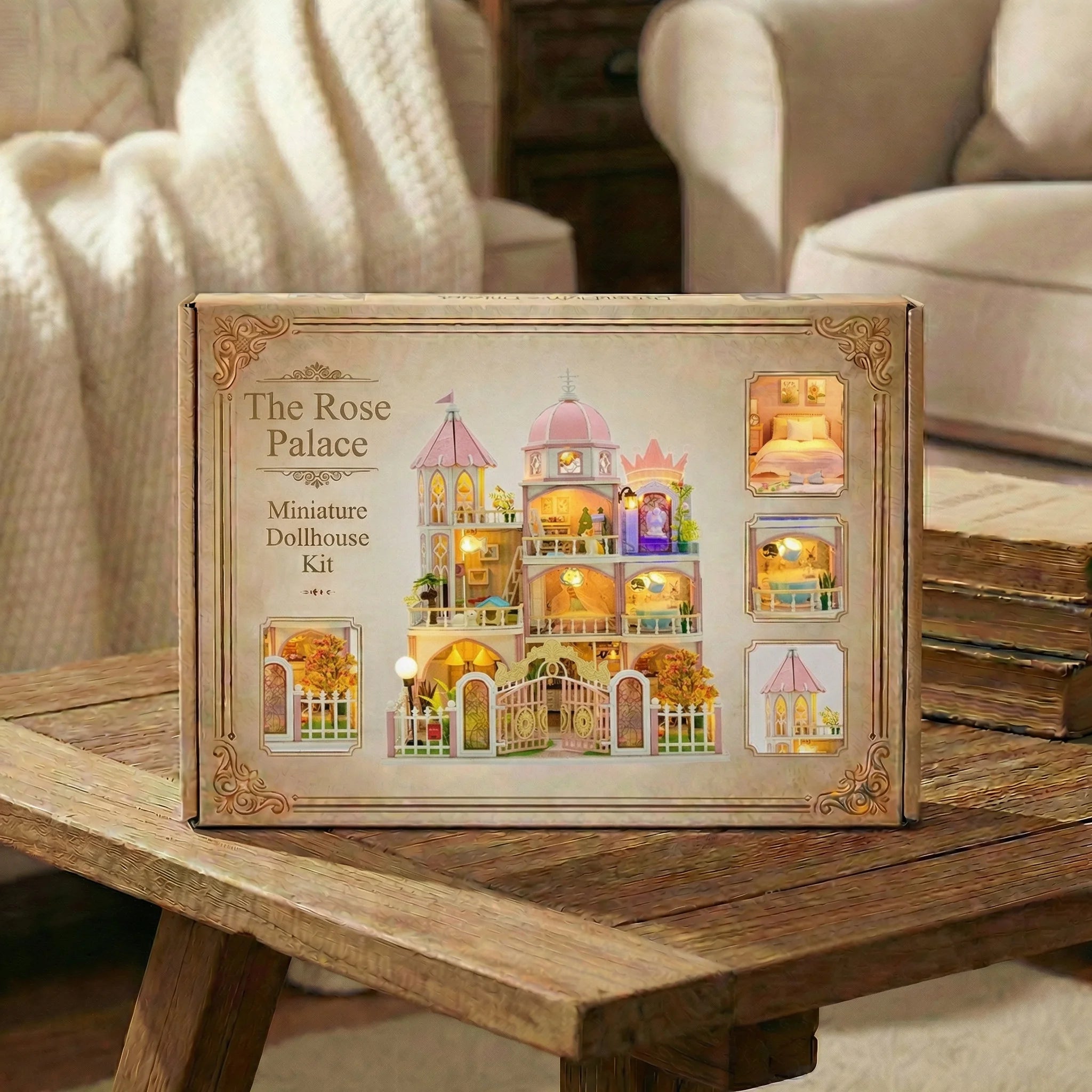 The Rose Palace miniature dollhouse kit box displayed on wooden coffee table in cozy living room setting