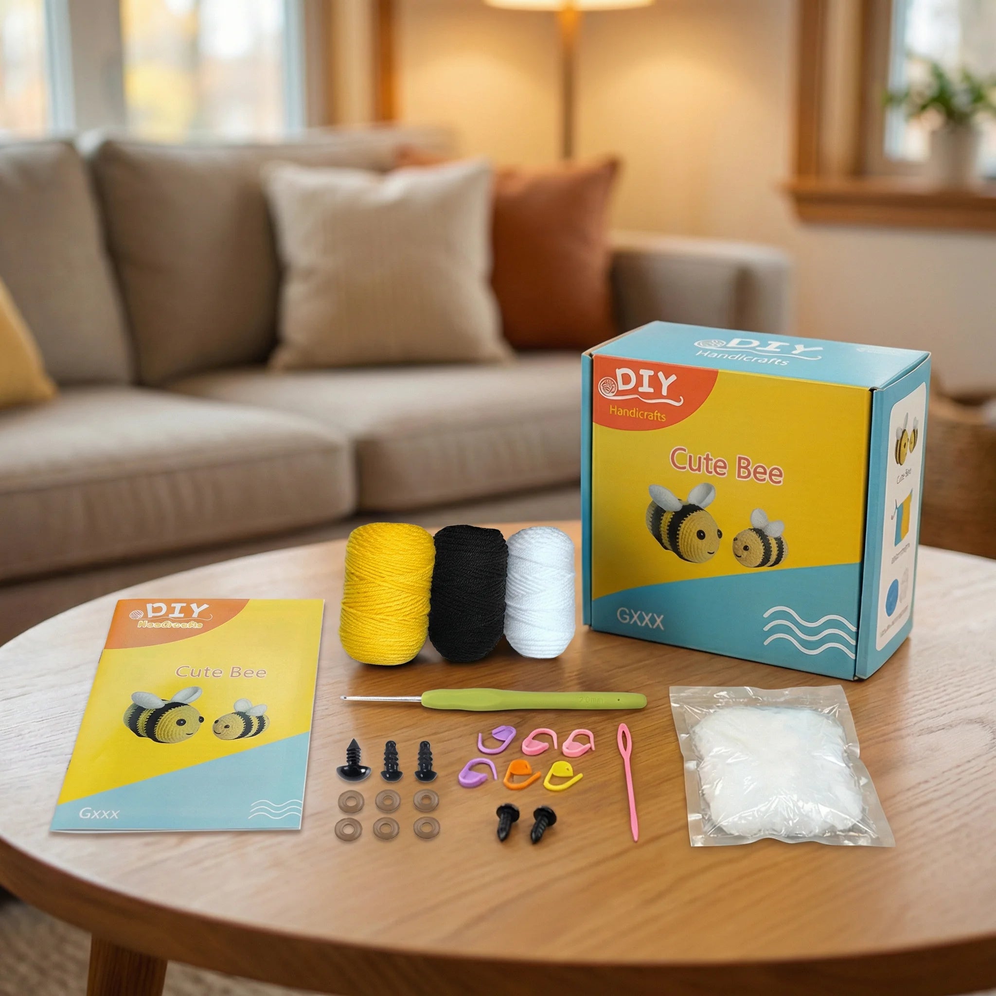 The Honey Trio crochet kit contents – yarn, hook, safety eyes and guide