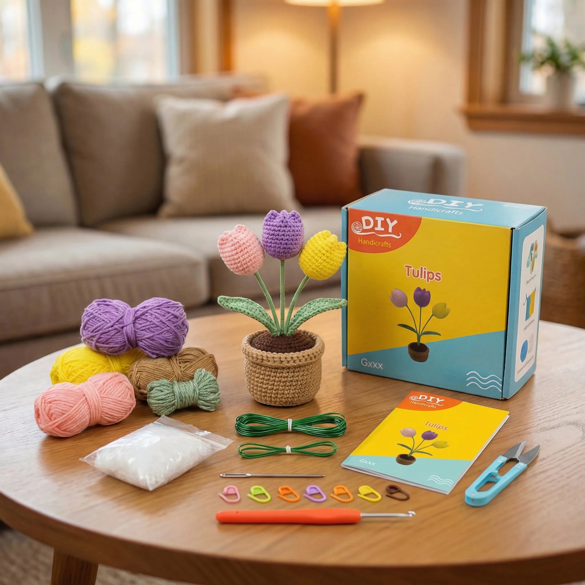 The Tulip Garden DIY crochet kit contents with colorful yarn, hooks, pattern book, and finished mini amigurumi flowers