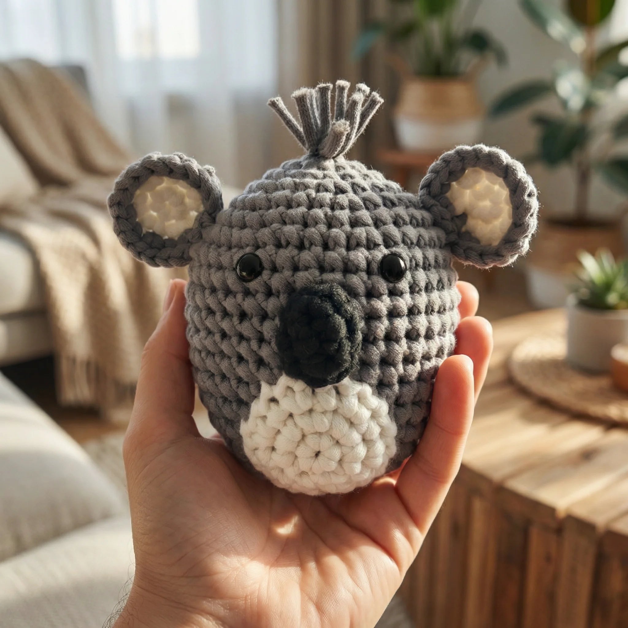 Hand holding gray Outback Cuddle mini koala crochet amigurumi with cream belly and ears in bright living room
