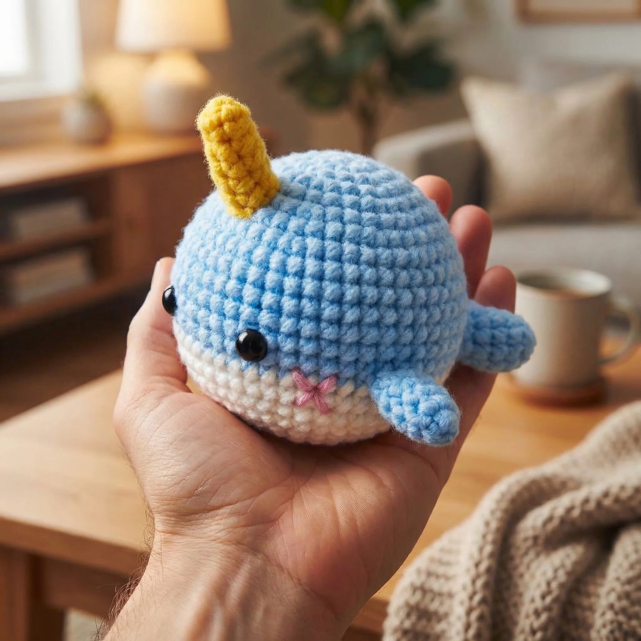 Hand holding Little Narwhal mini crochet amigurumi with blue body, yellow horn and embroidered smile in cozy home setting