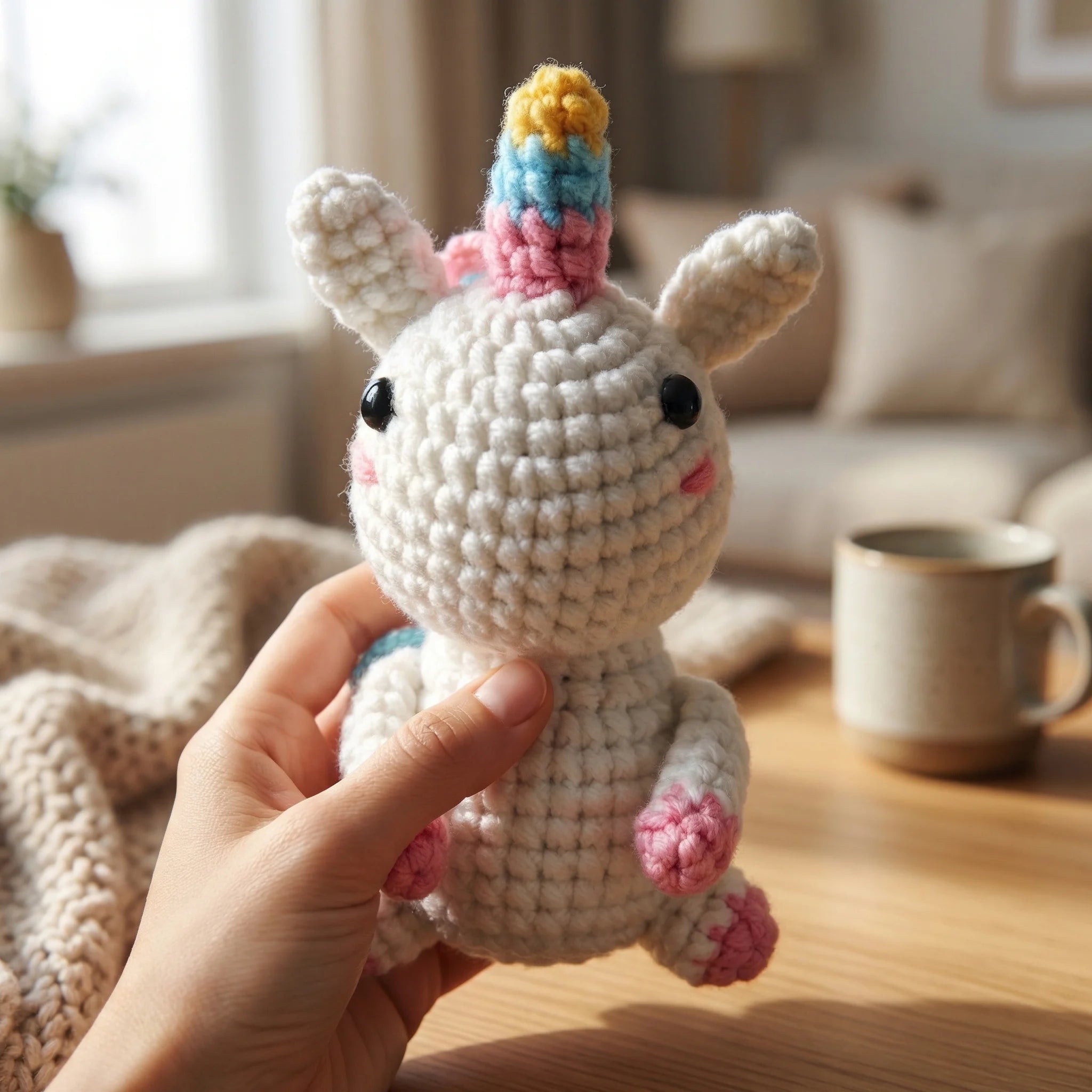 Hand holding The Rainbow Dreamer crochet unicorn with rainbow horn and pink hooves amigurumi plush toy on wooden table