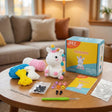 The Rainbow Dreamer crochet kit contents – yarn, hook, safety eyes and guide