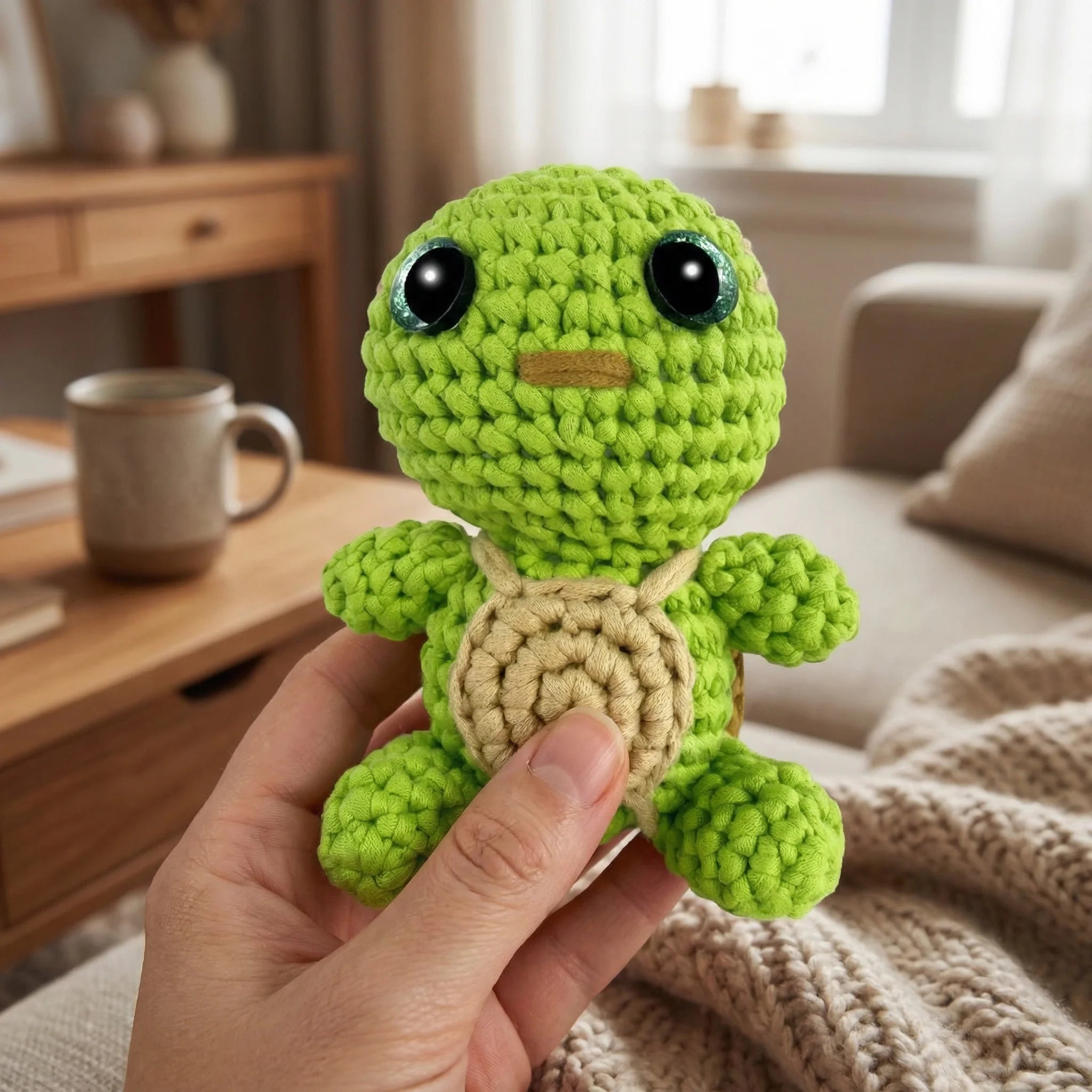 Hand holding The Shell Keeper crochet turtle amigurumi with bright green body and tan shell in cozy home setting