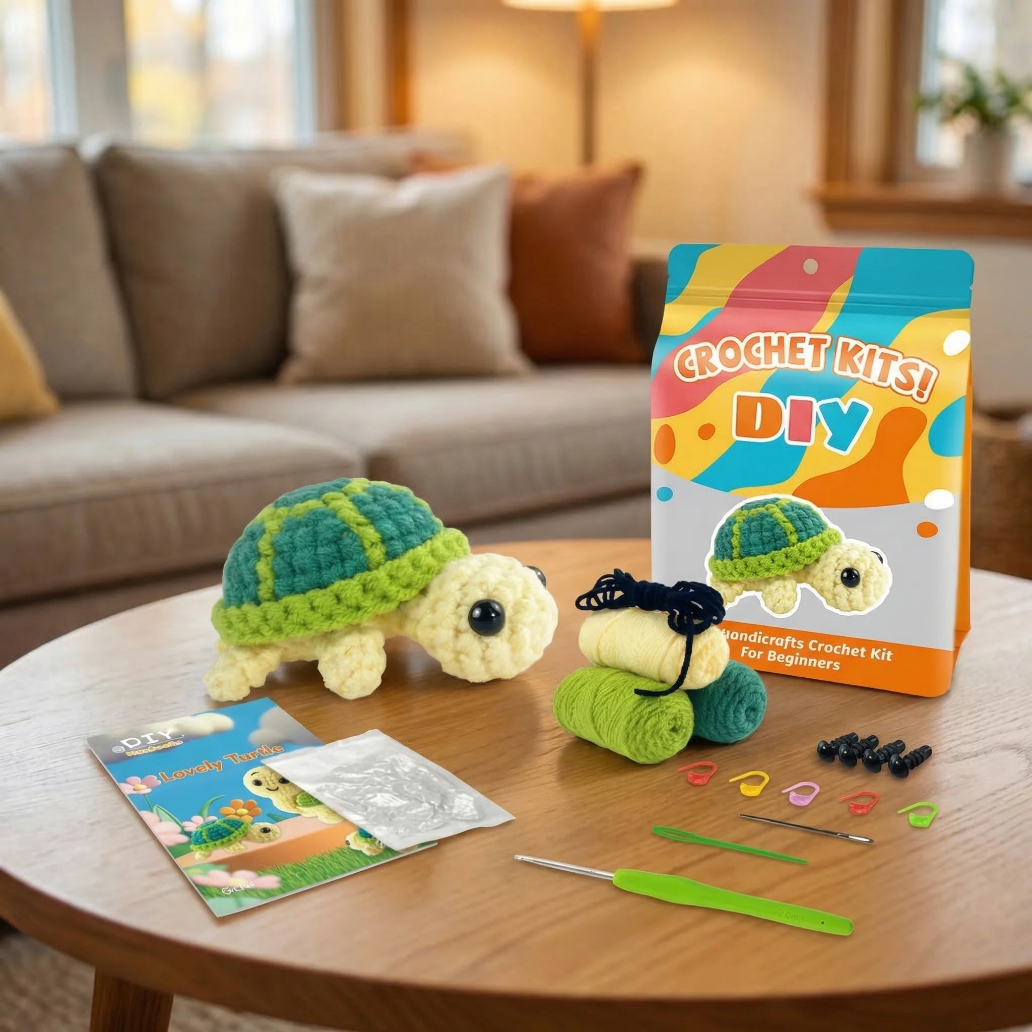 The Meadow Traveler crochet kit contents – yarn, hook, safety eyes and guide