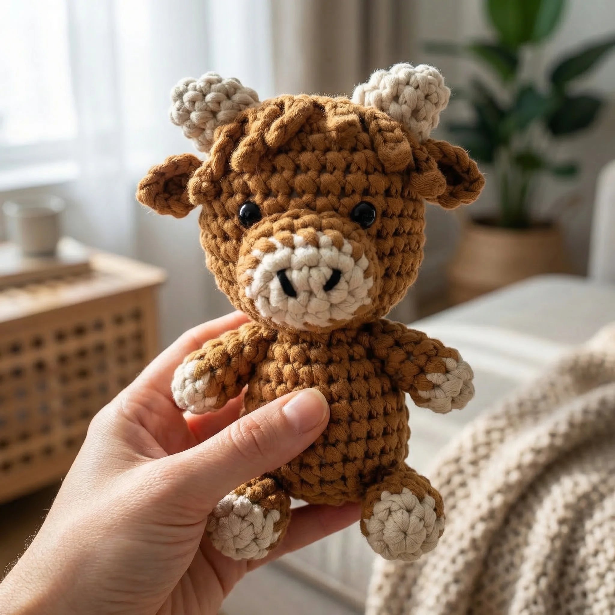 Hand holding The Prairie Companion mini crochet cow amigurumi kit with beige yarn and cream details in bright living room