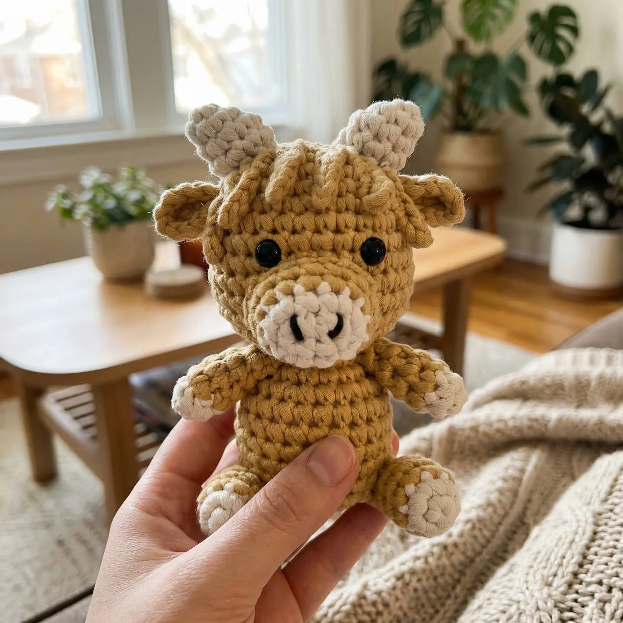 Hand holding Honey the Cow mini crochet amigurumi kit in mustard yellow with cream details in cozy living room