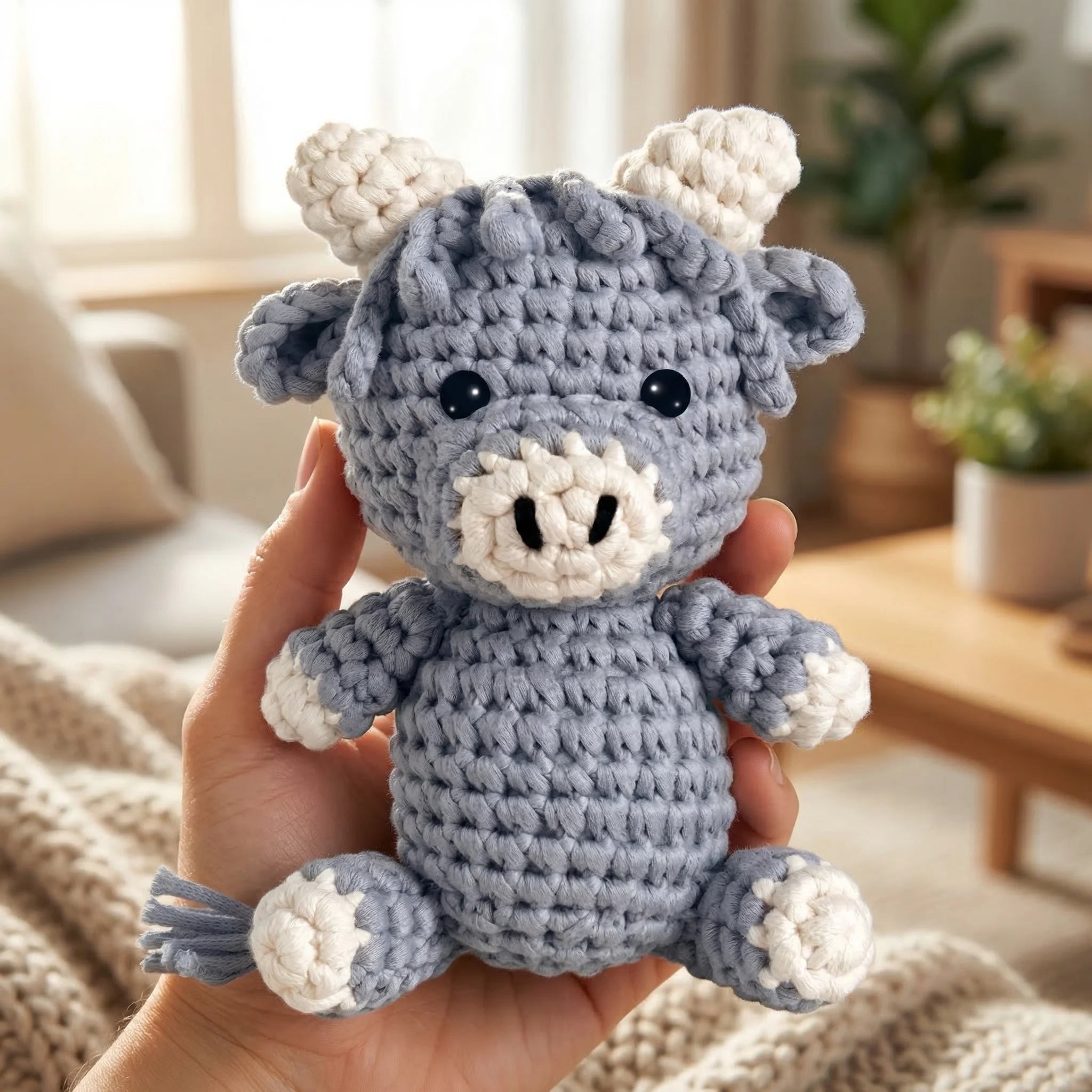 Bluebell the Cow mini crochet amigurumi held in hand showing size and detail in bright living room setting