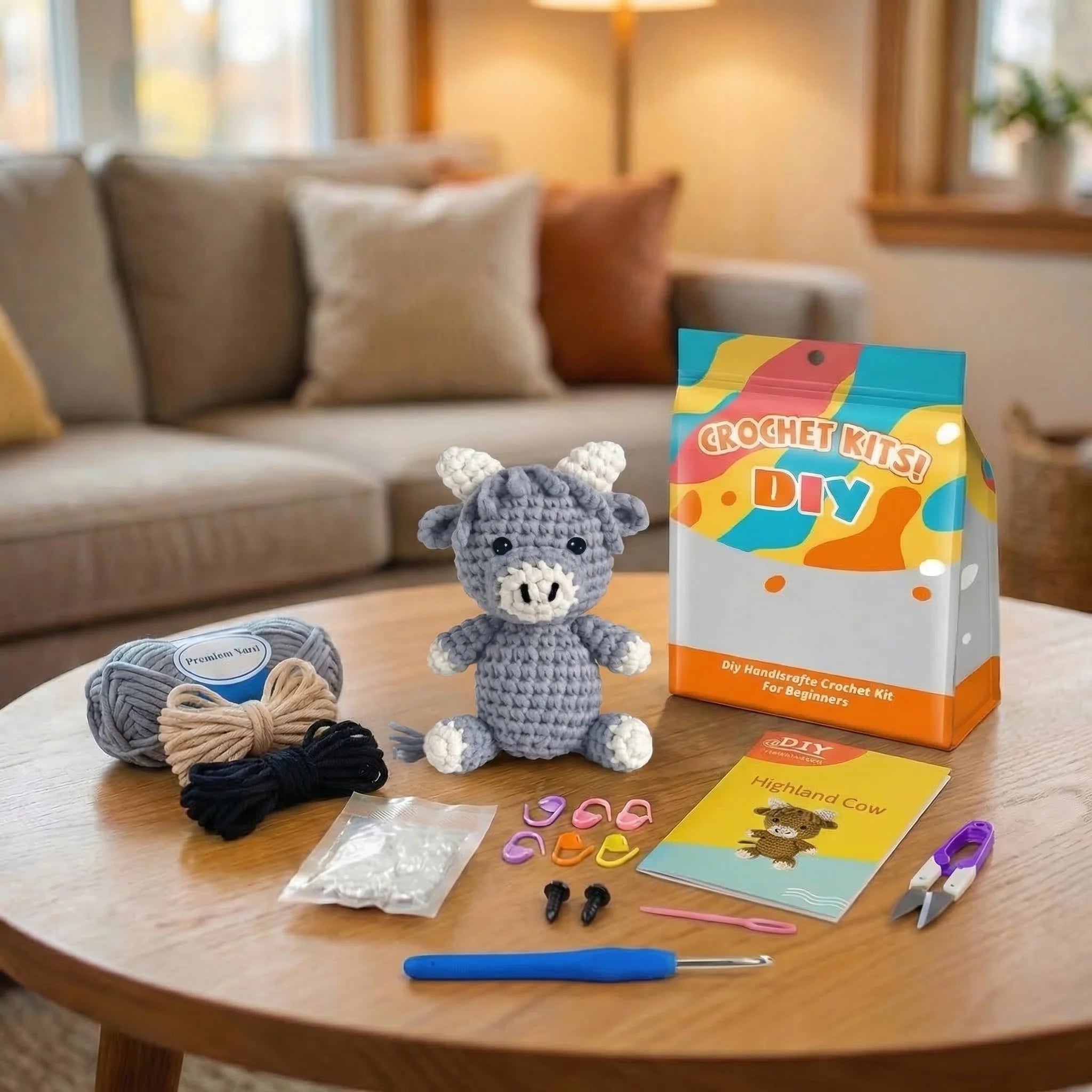 Bluebell the Cow crochet kit contents – yarn, hook, safety eyes and guide