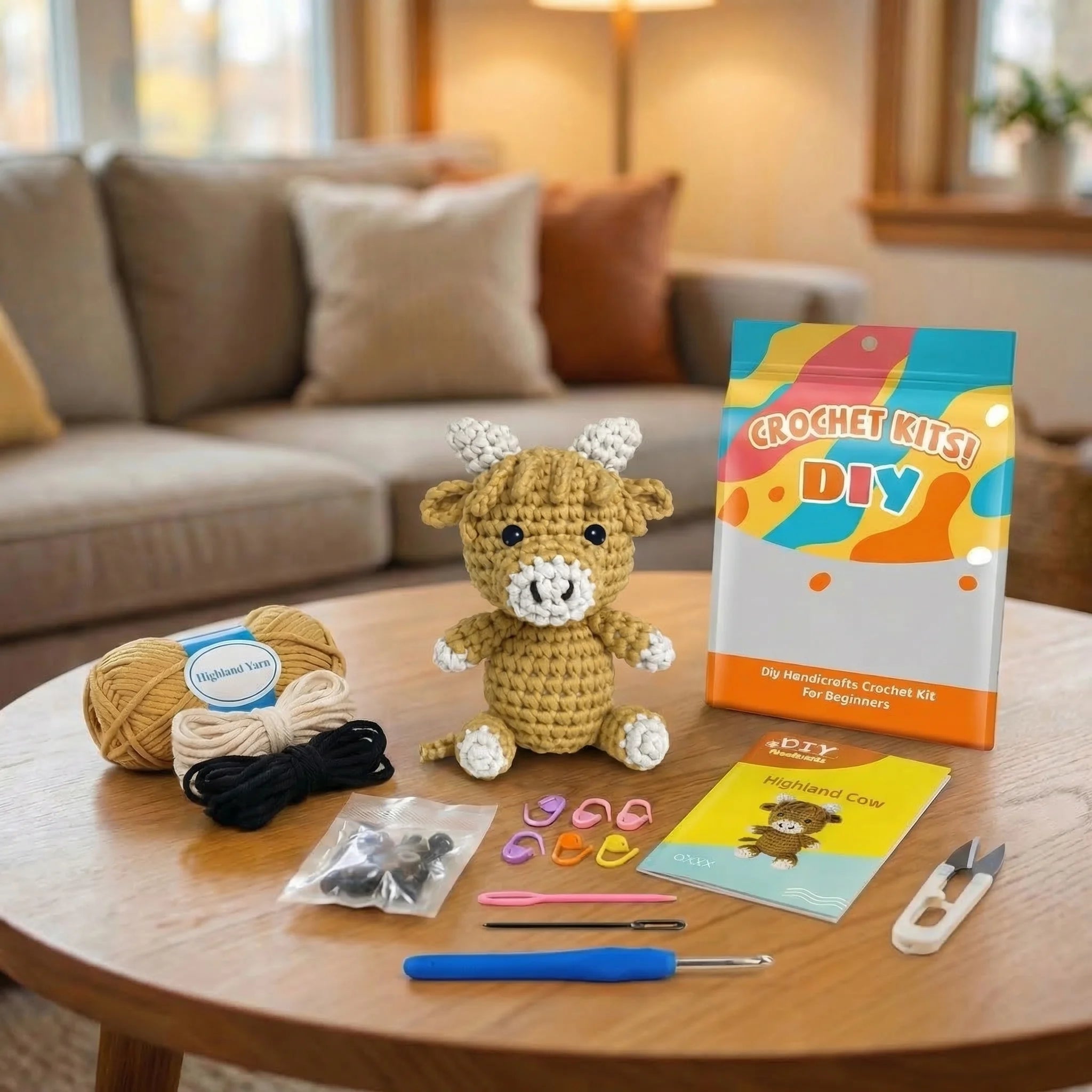 Honey the Cow crochet kit contents – yarn, hook, safety eyes and guide