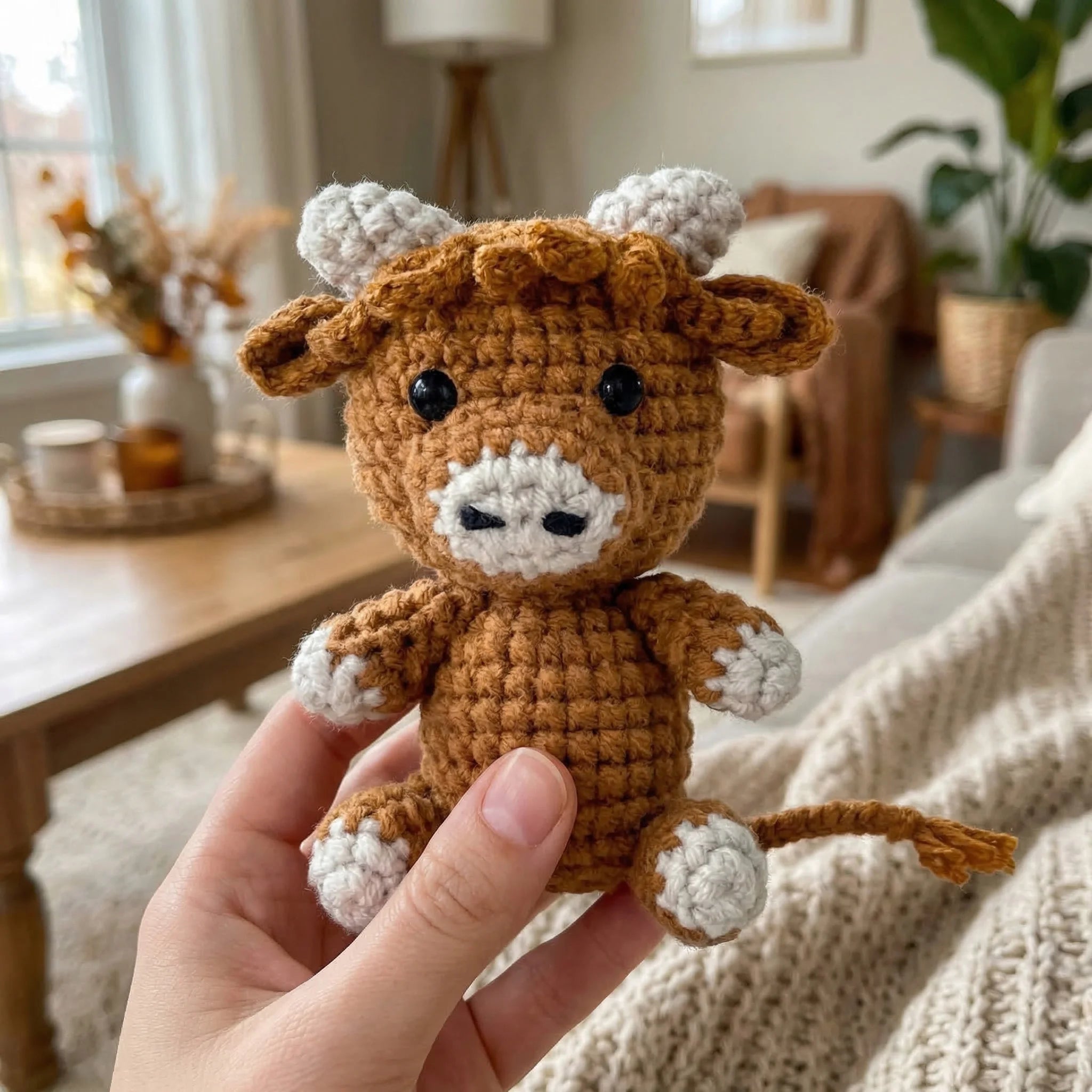 Hand holding The Gentle Moo mini crochet amigurumi cow in cozy living room with white horns and hooves