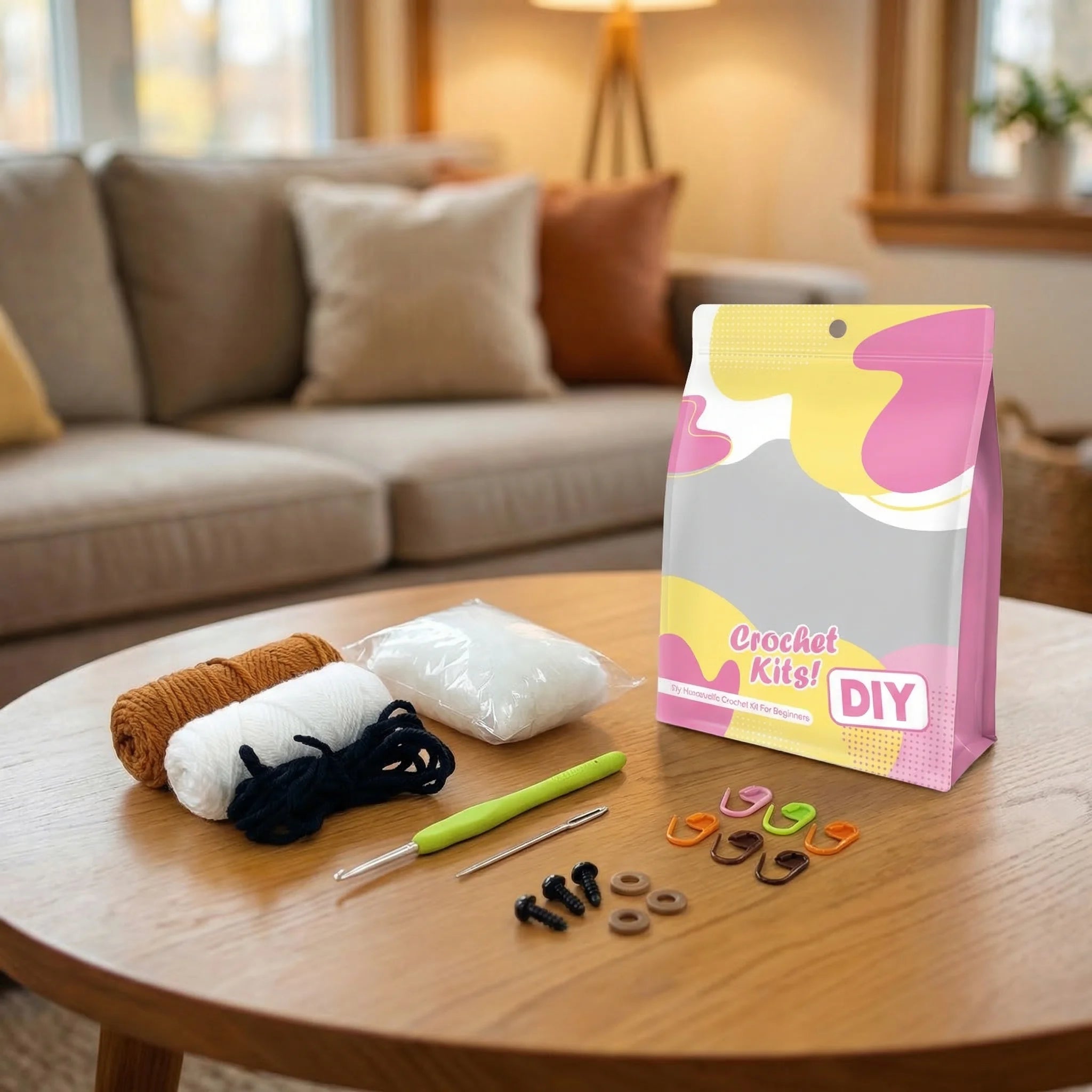 The Gentle Moo DIY crochet kit contents displayed with yarn, hook, stuffing, safety eyes and colorful stitch markers