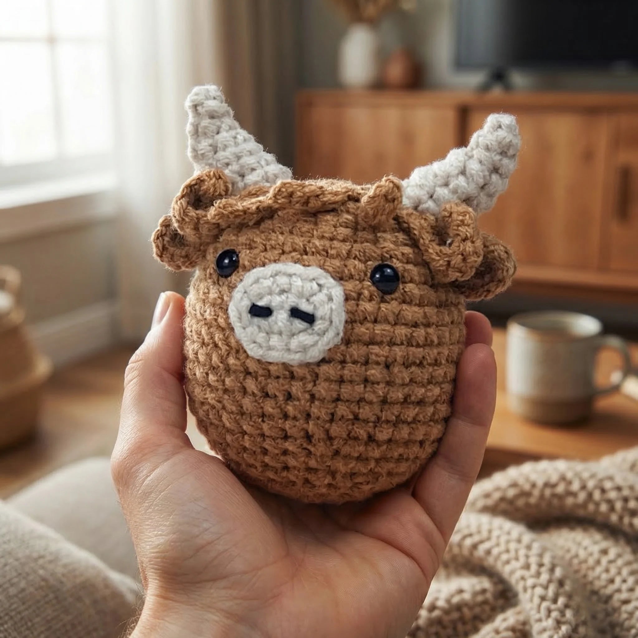 Hand holding The Highland Cuddle mini crochet cow amigurumi kit with brown yarn and white horns in cozy living room