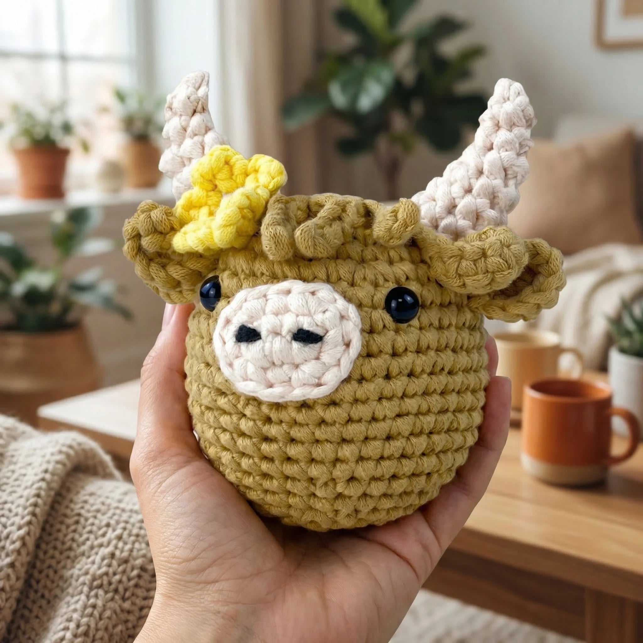 Hand holding Daisy the Highland Cow crochet amigurumi with yellow flower crown in cozy living room setting