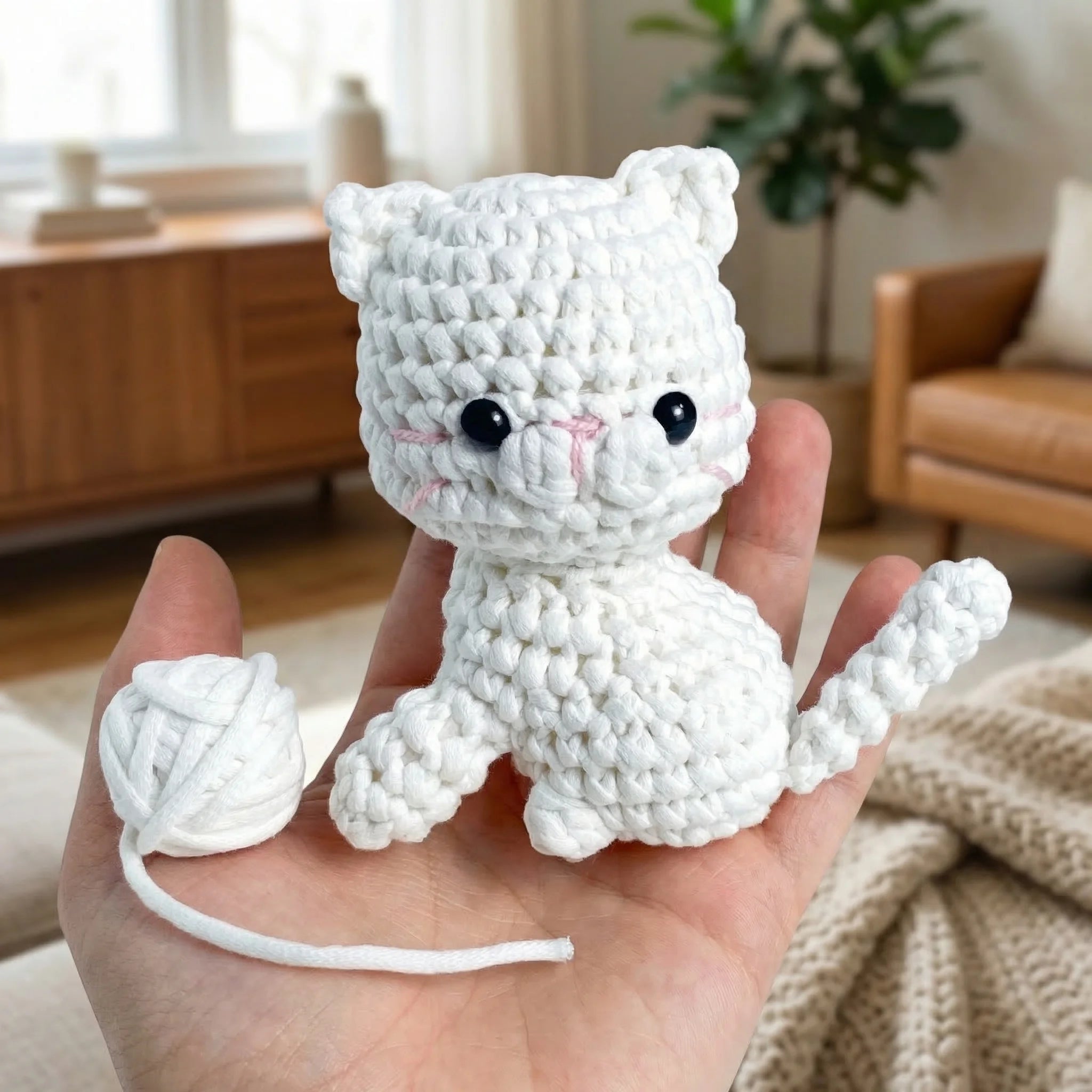 Hand holding Snowball the Kitten mini crochet amigurumi with white yarn ball in cozy living room setting