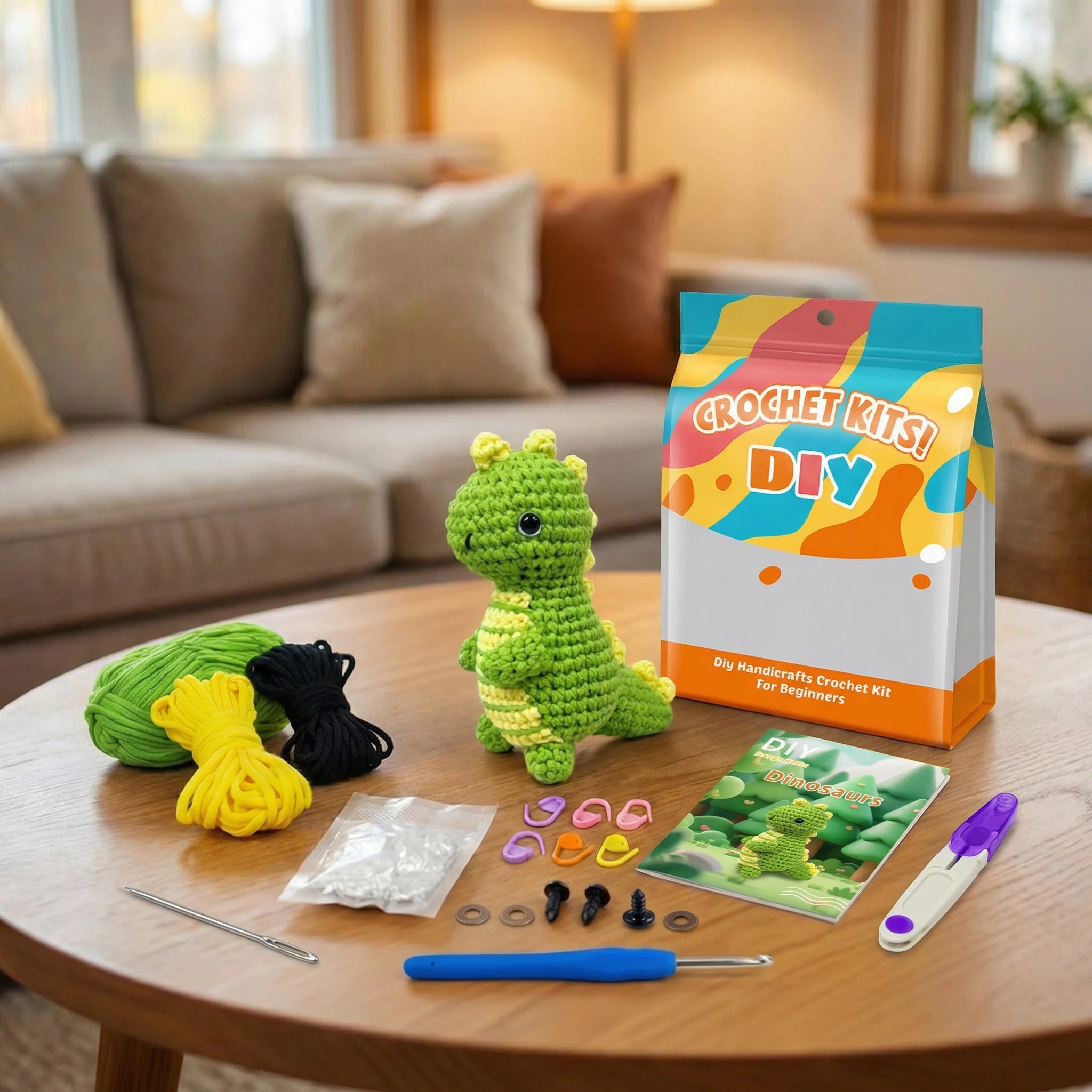 Rex the Dinosaur crochet kit contents – yarn, hook, safety eyes and guide