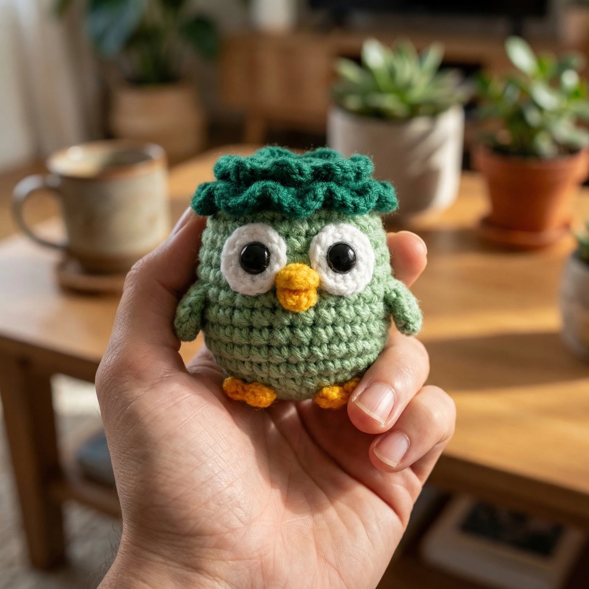 Hand holding The Wise Oak mini crochet owl amigurumi with green yarn hair and yellow beak on wooden table