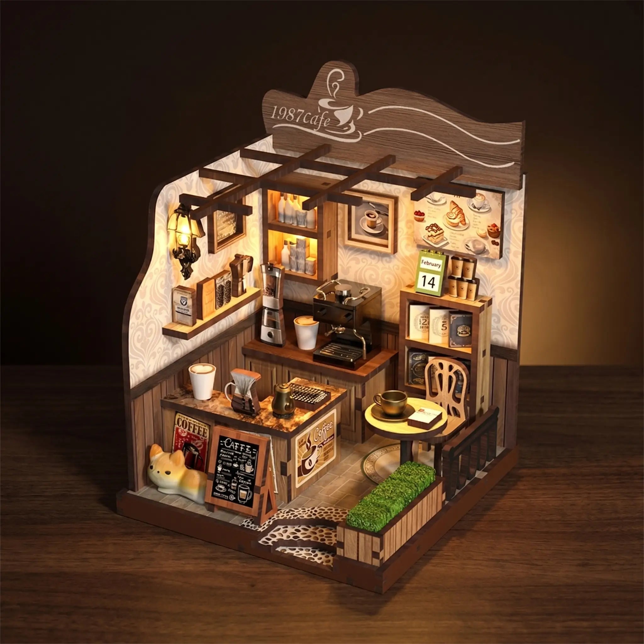 The 1987 Café miniature cafe lit on a dark warm backdrop