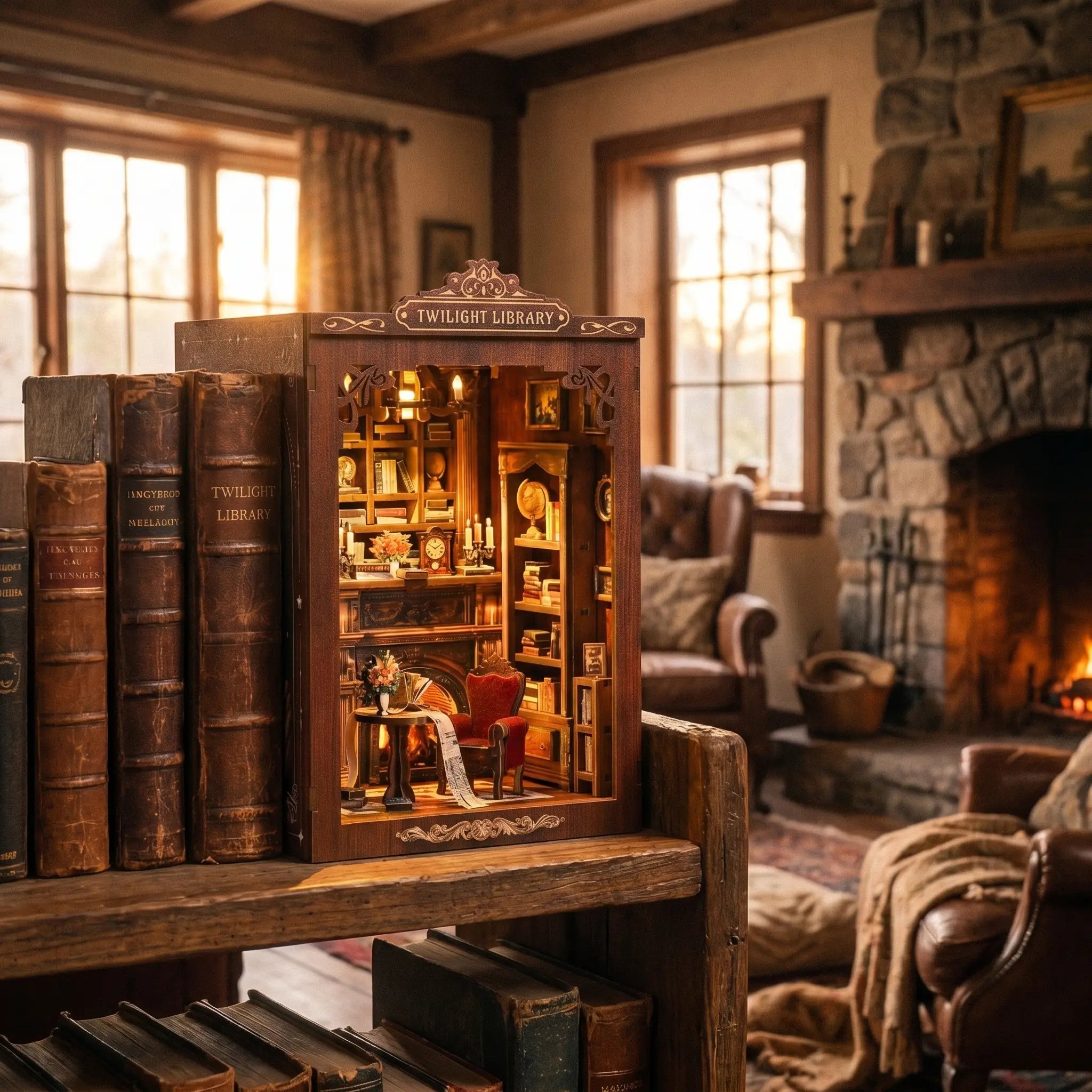 The Twilight Library slotted on a shelf between books at dusk