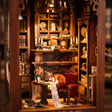 Close up of the glowing fireplace inside The Twilight Library