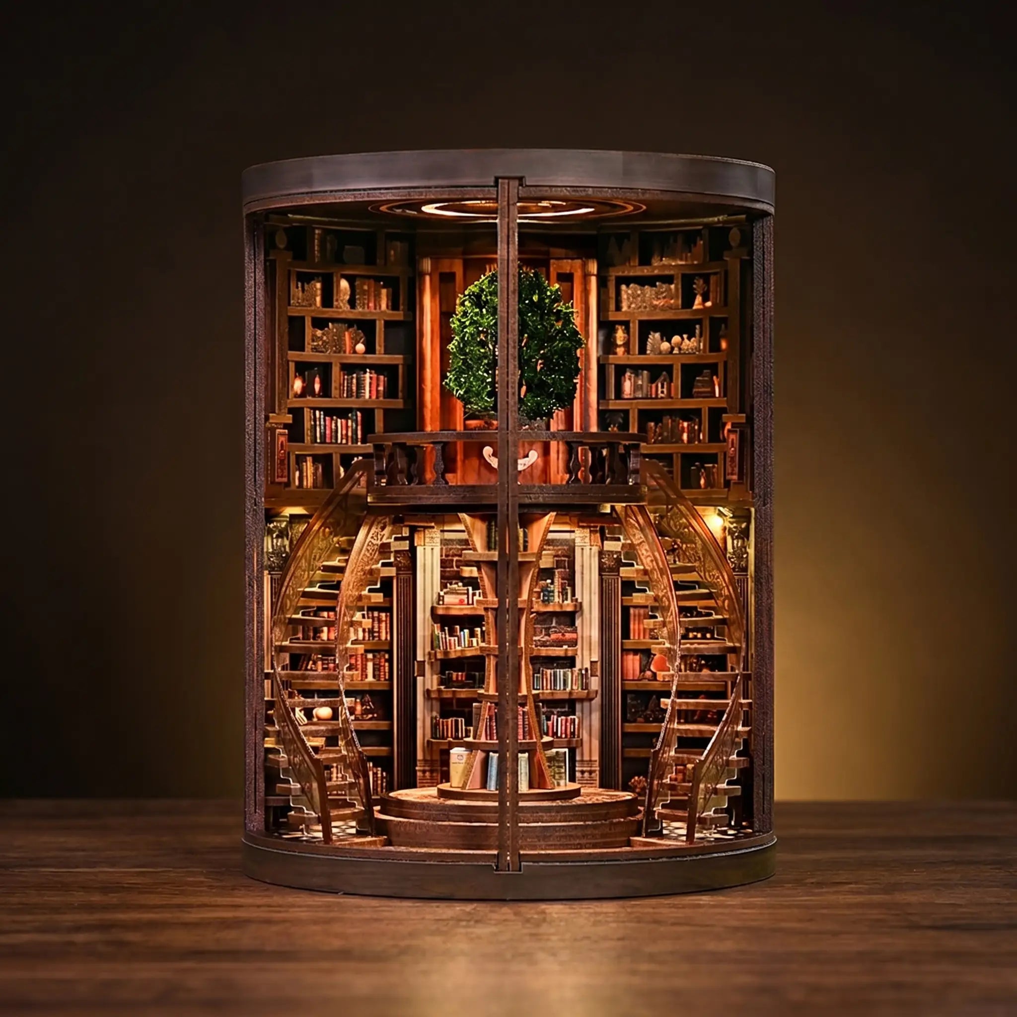 The Wisdom Rings Library lit on a dark warm backdrop