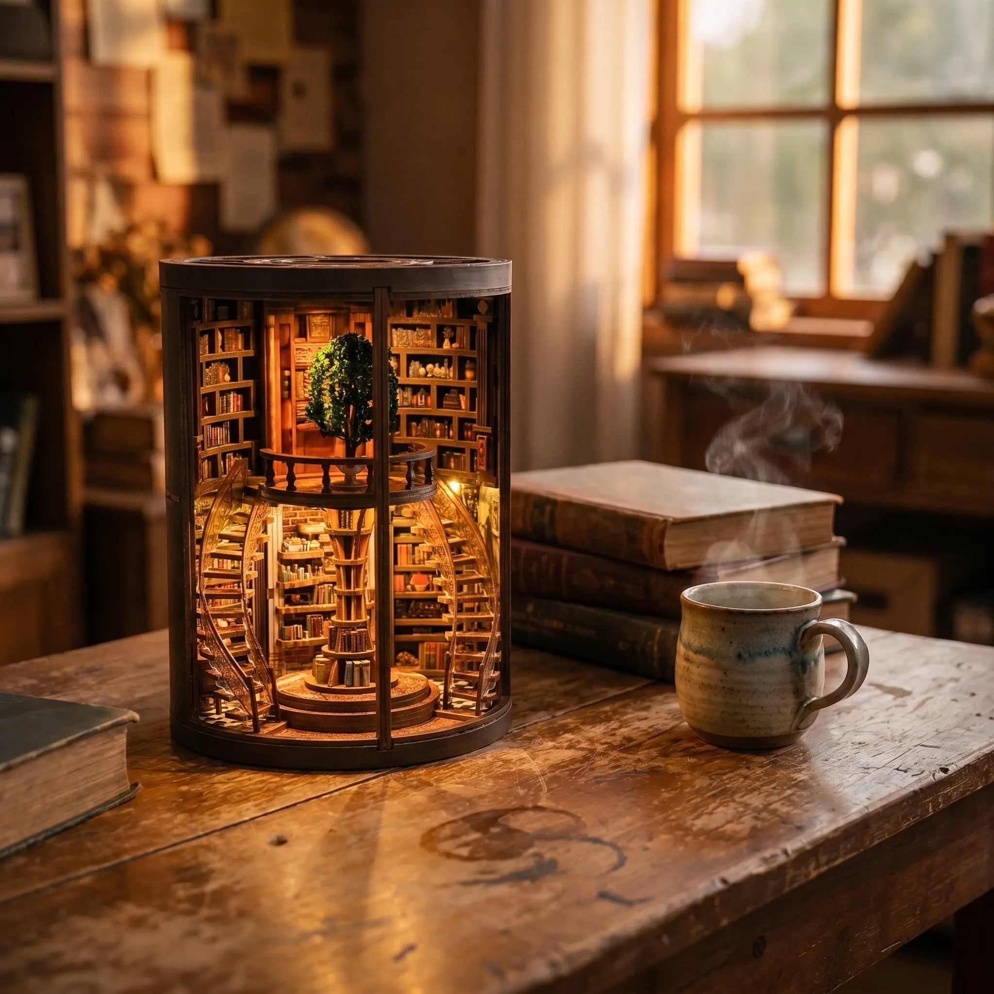 The Wisdom Rings Library on a desk at dusk