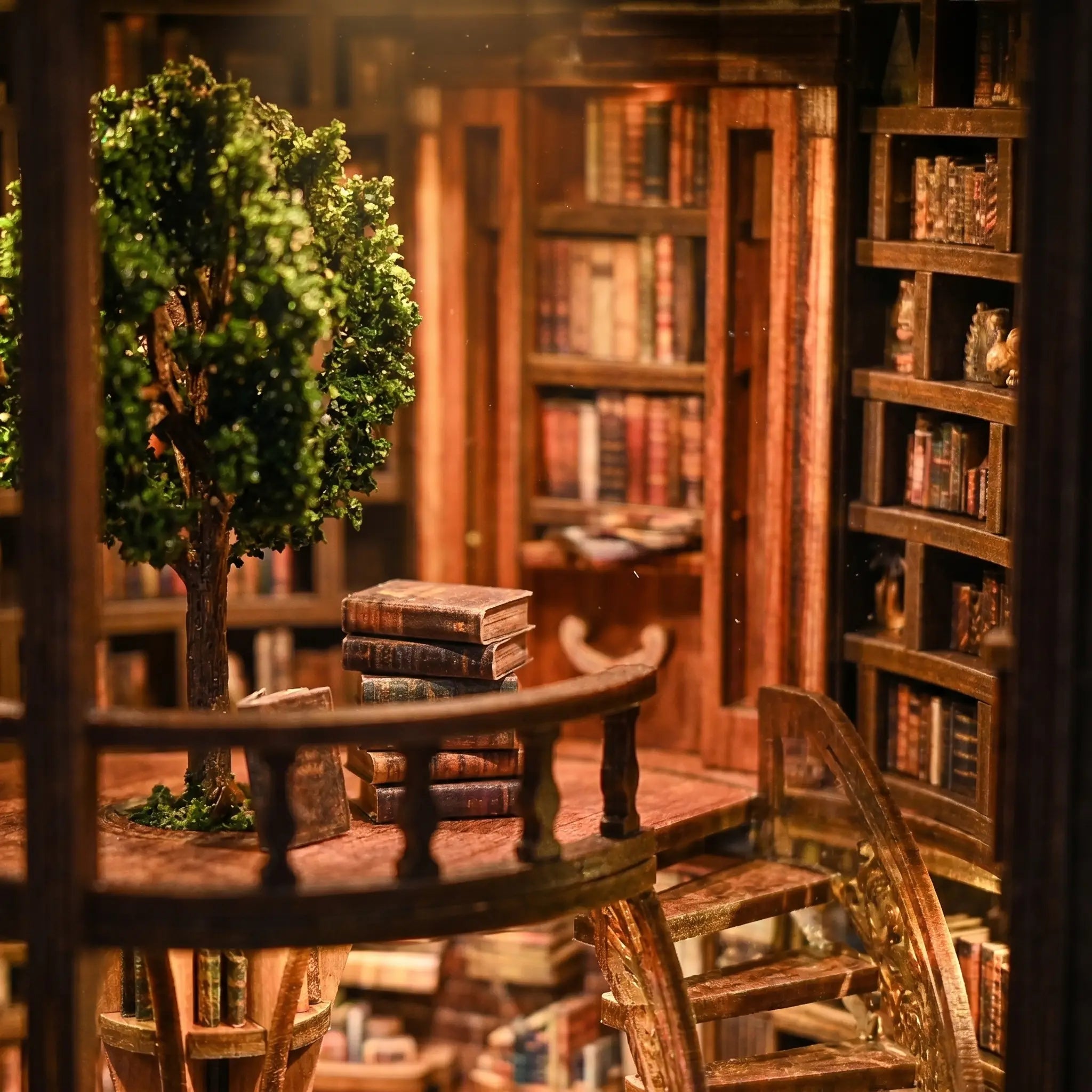 Close up of the glowing curved shelves and tree inside The Wisdom Rings Library