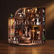 The Bacchus Bookstore lit on a dark warm backdrop