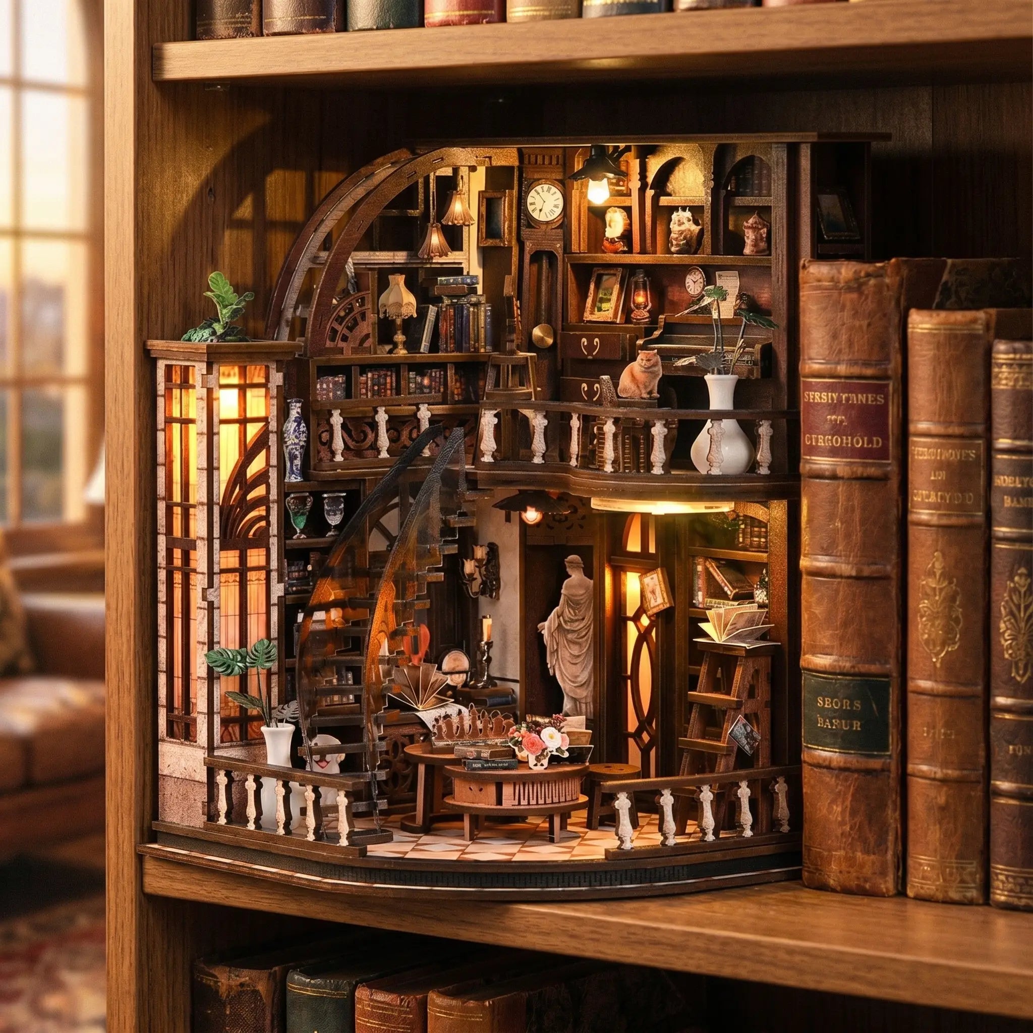 The Bacchus Bookstore slotted on a shelf between books at dusk