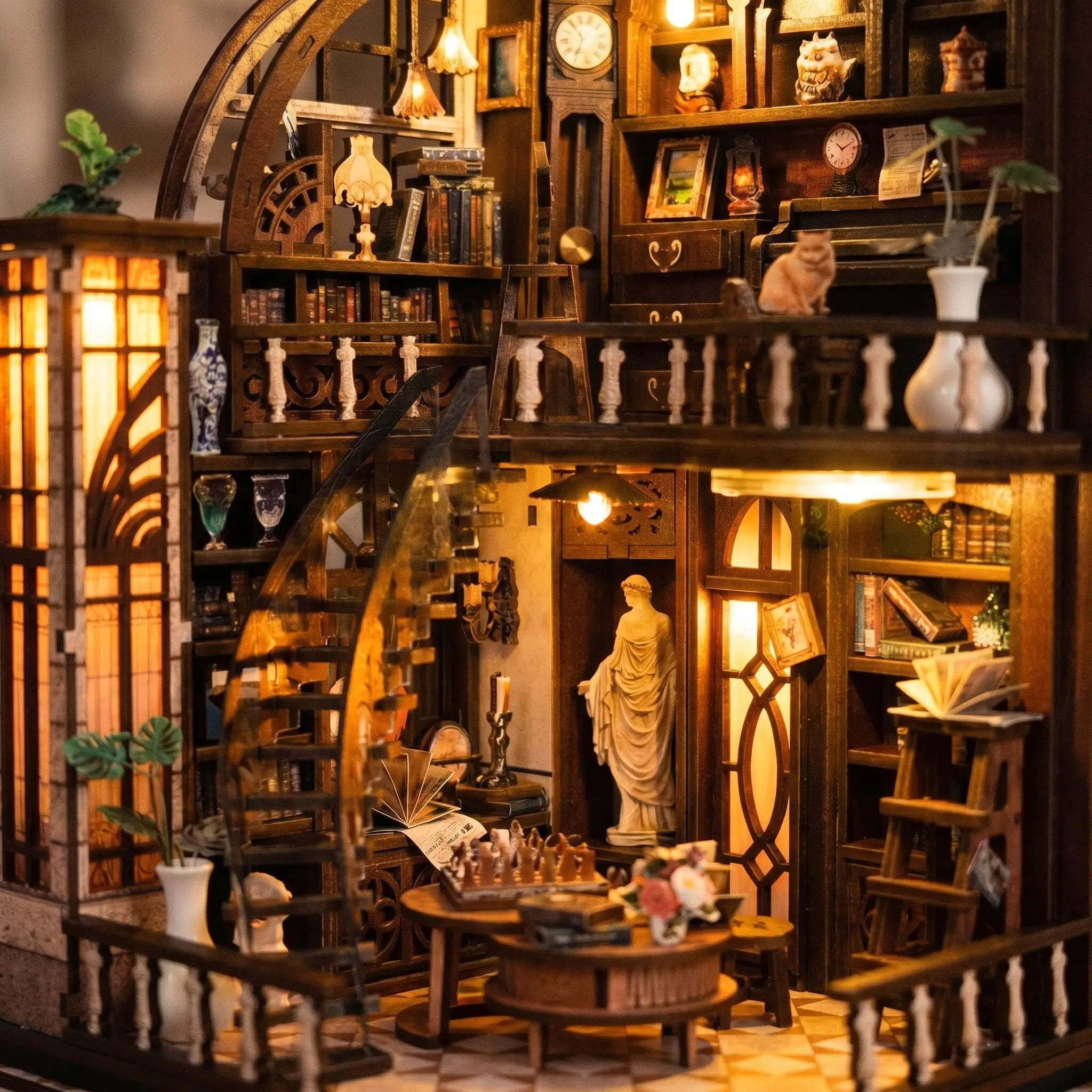 Close up of the glowing staircase and statue inside The Bacchus Bookstore