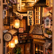 Close-up of the glowing paper lanterns above the alley shopfronts inside The Cat's Alley