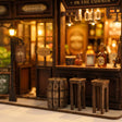 Close-up of the barrels and wooden stools beneath the little street lamp inside The Hidden Tavern