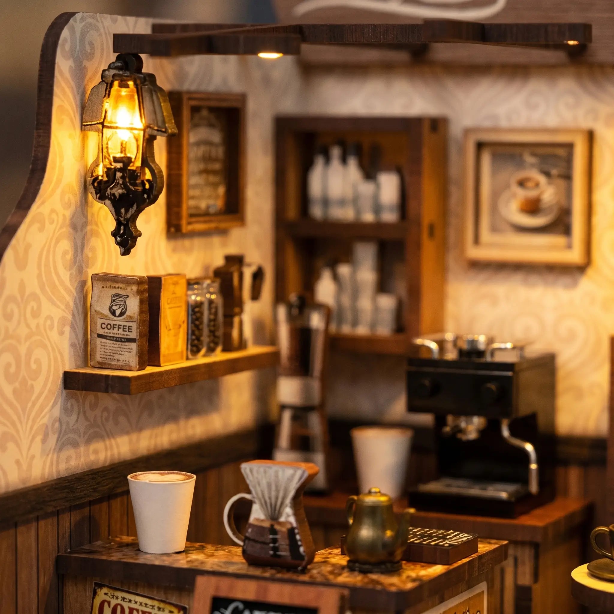 Close-up of the upper shelves of coffee canisters and jars beside the hanging lantern lamp inside The 1987 Cafe