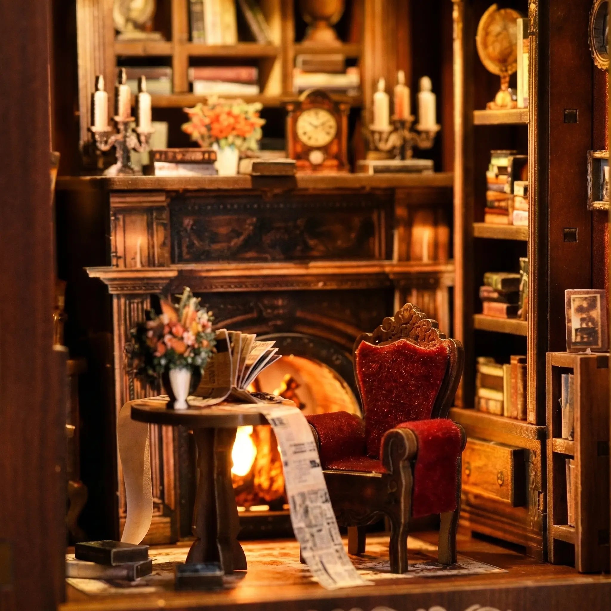 Close-up of the glowing fireplace and red velvet armchair inside The Twilight Library