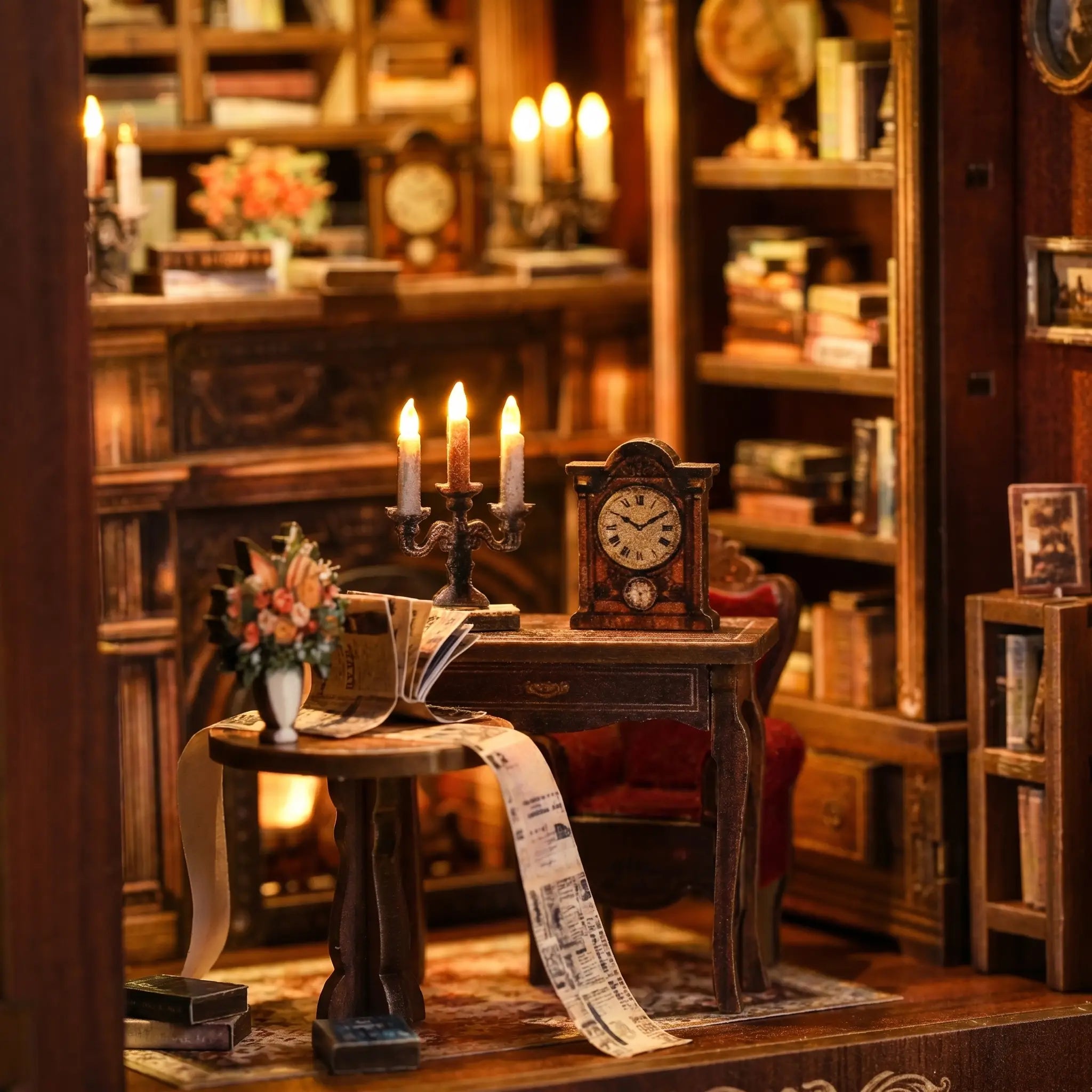 Close-up of the writing desk with scroll, candelabra and vintage clock inside The Twilight Library