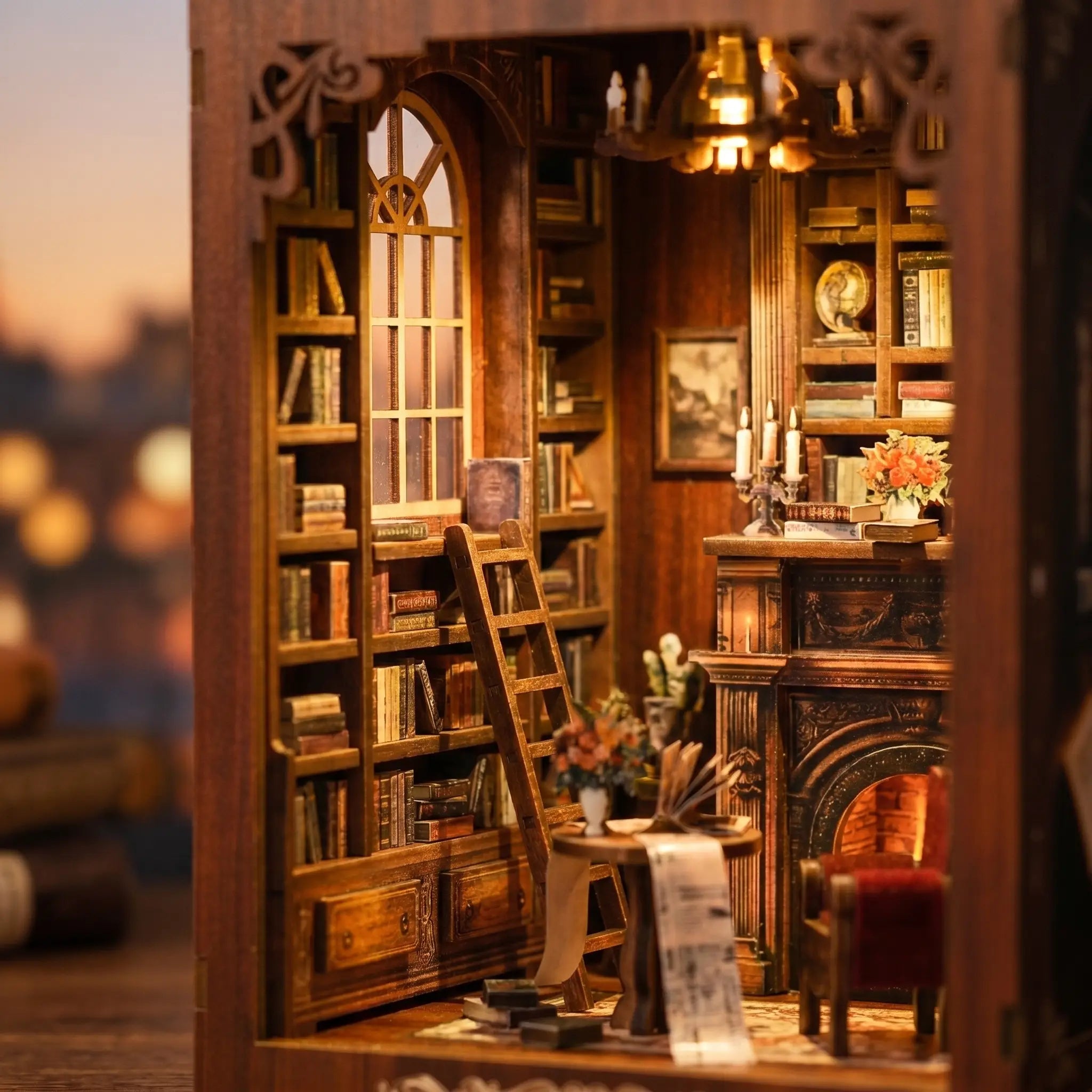 Close-up of the tall arched window and ladder against the towering bookshelves inside The Twilight Library