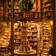 Close-up of one of the twin spiral staircases curving up past the shelves inside The Wisdom Rings Library