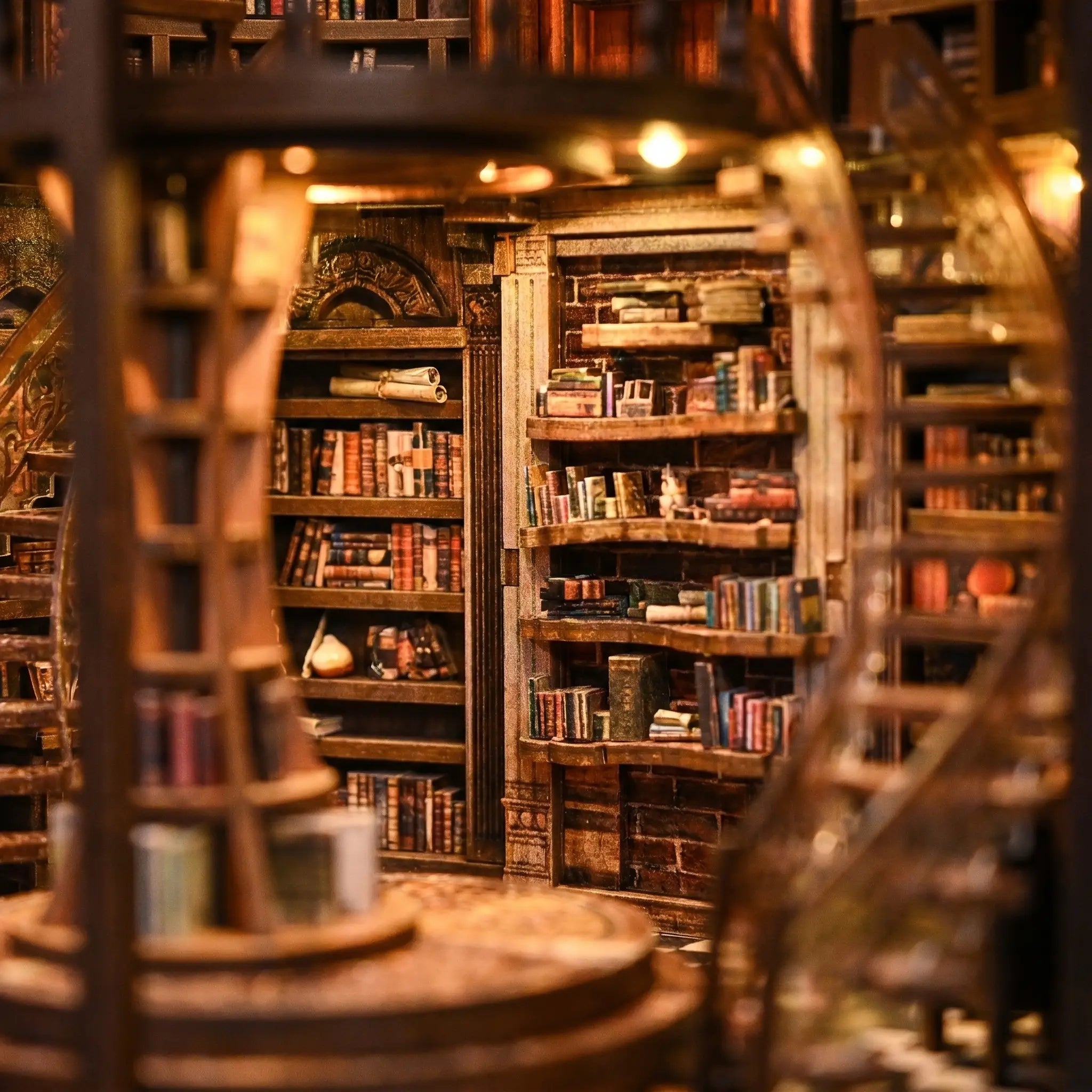 Close-up of the curved floor-to-ceiling bookshelves wrapping the interior of The Wisdom Rings Library