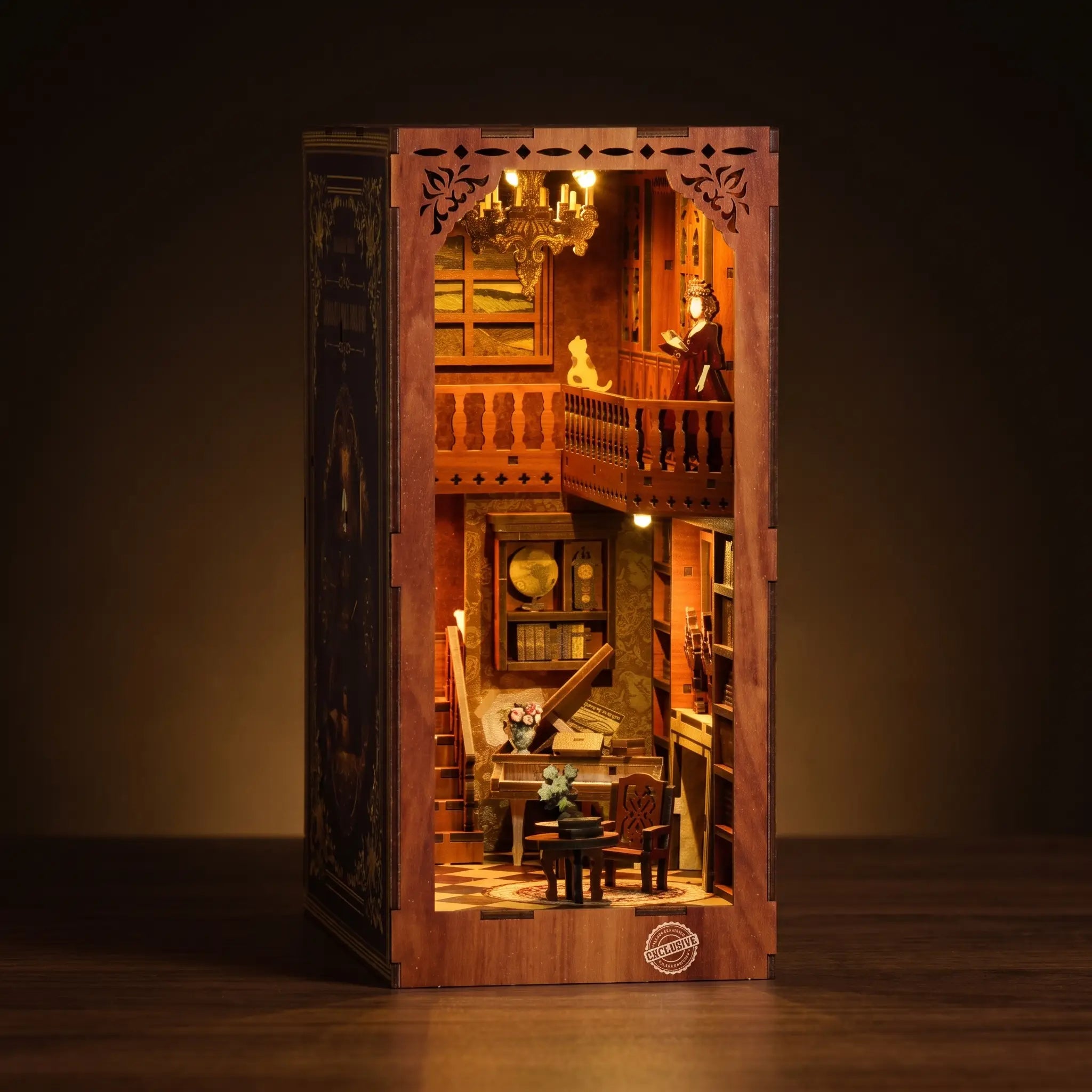The Story Keeper antique library book nook lit on a dark warm backdrop