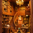Close up of the glowing chandelier and staircase inside The Story Keeper