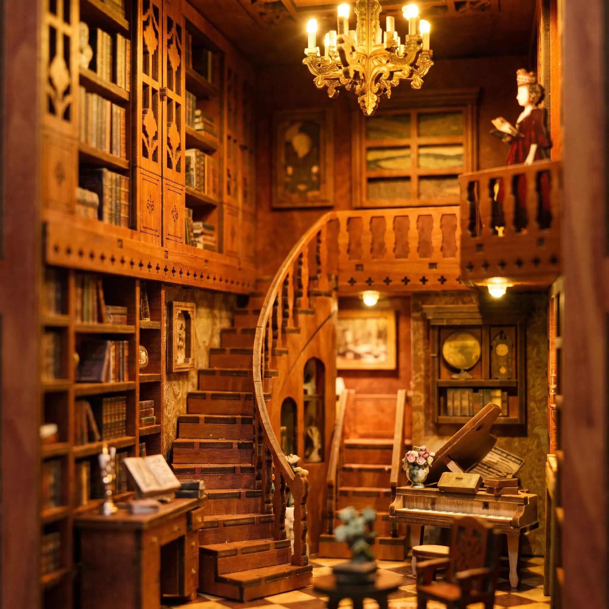 Close up of the glowing chandelier and staircase inside The Story Keeper