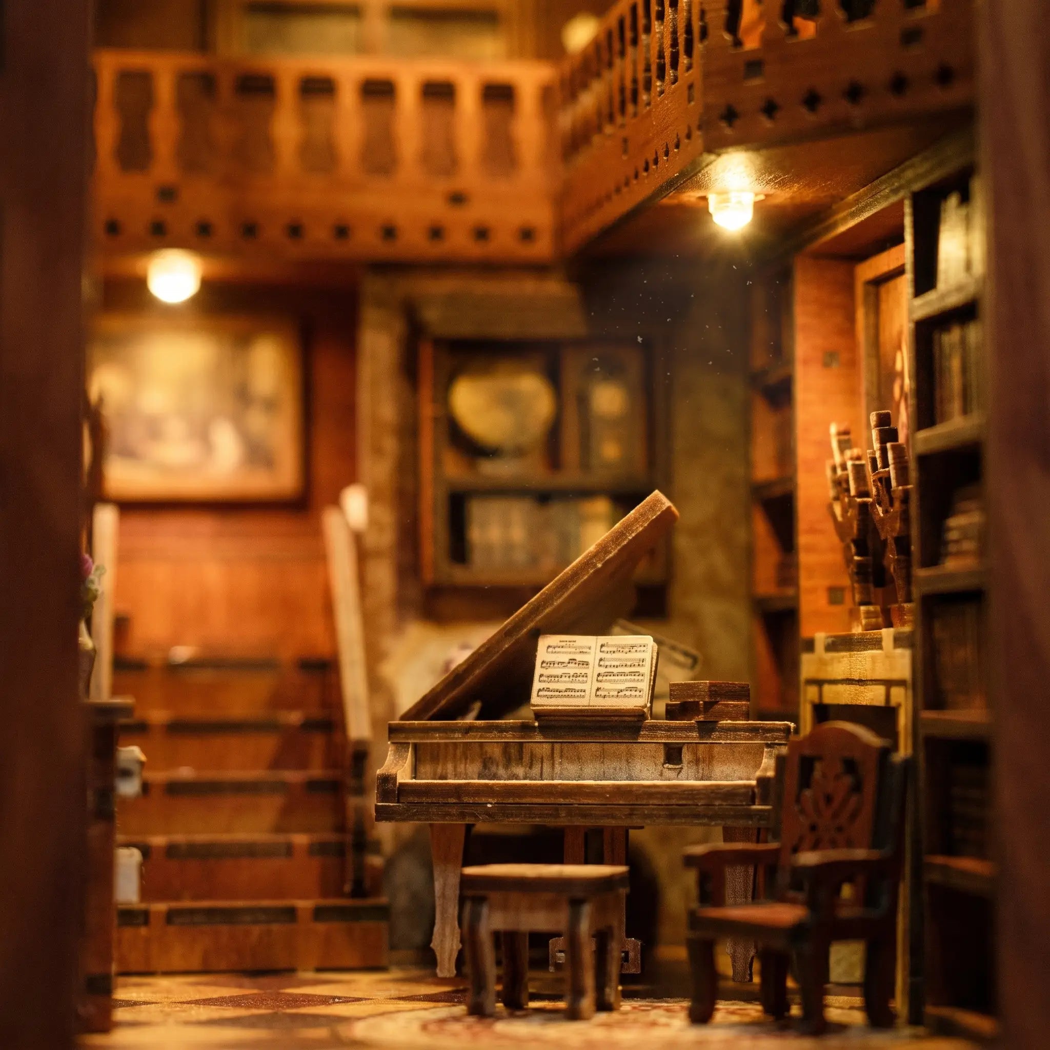 Close up of the little piano corner inside The Story Keeper