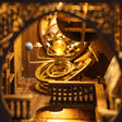 Detail of the turning brass orrery inside The Stargazer book nook
