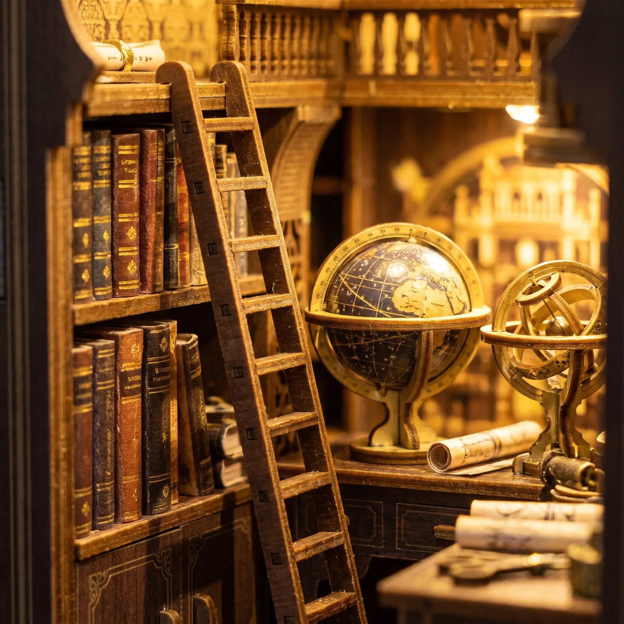 Detail of the celestial globe, books and ladder inside The Stargazer book nook