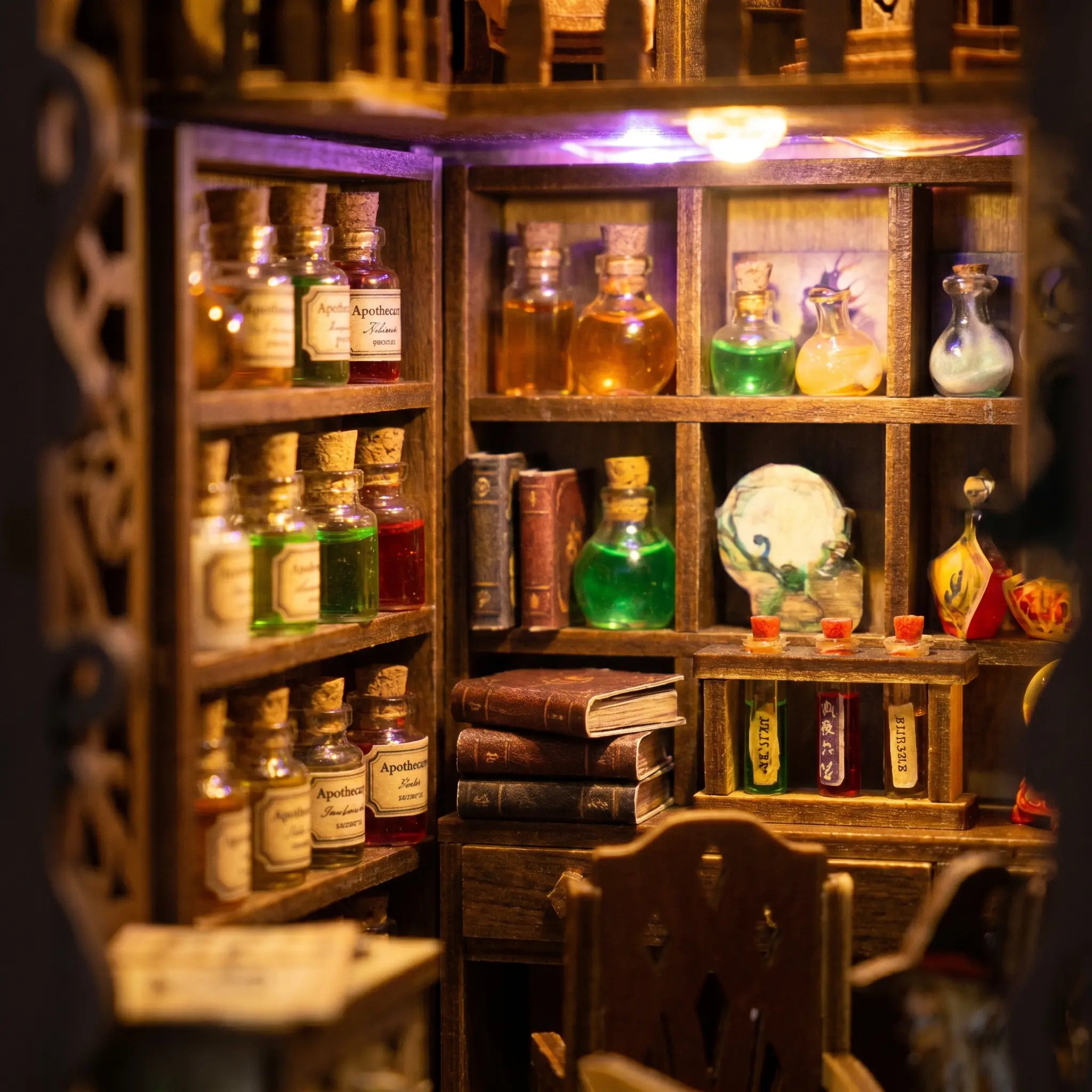 Macro detail of the glowing potion shelf inside The Apothecary