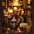 Macro detail of the witch at her alchemy workbench inside The Apothecary