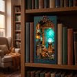 The Sunken World book nook on a shelf between books at dusk
